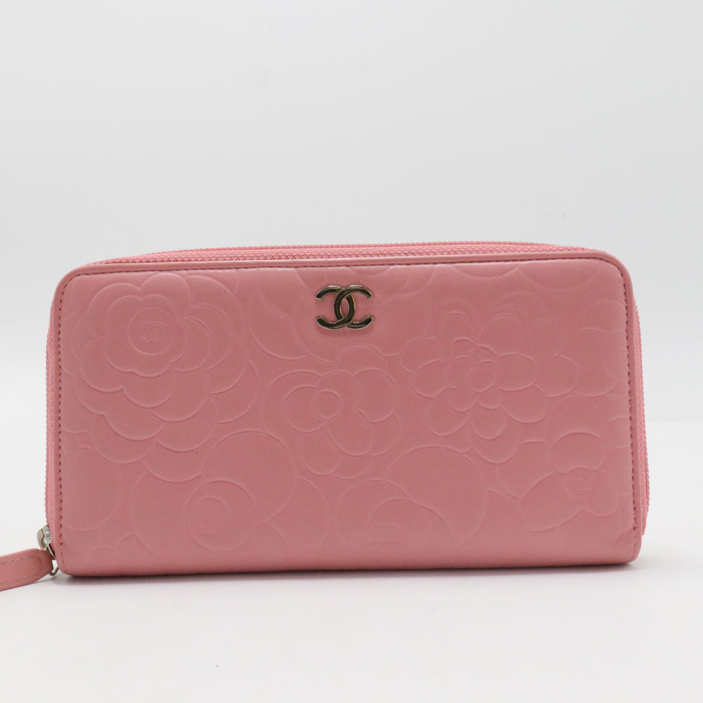 Lambskin Camellia Embossed Zip Around Large Gusset Wallet Pink