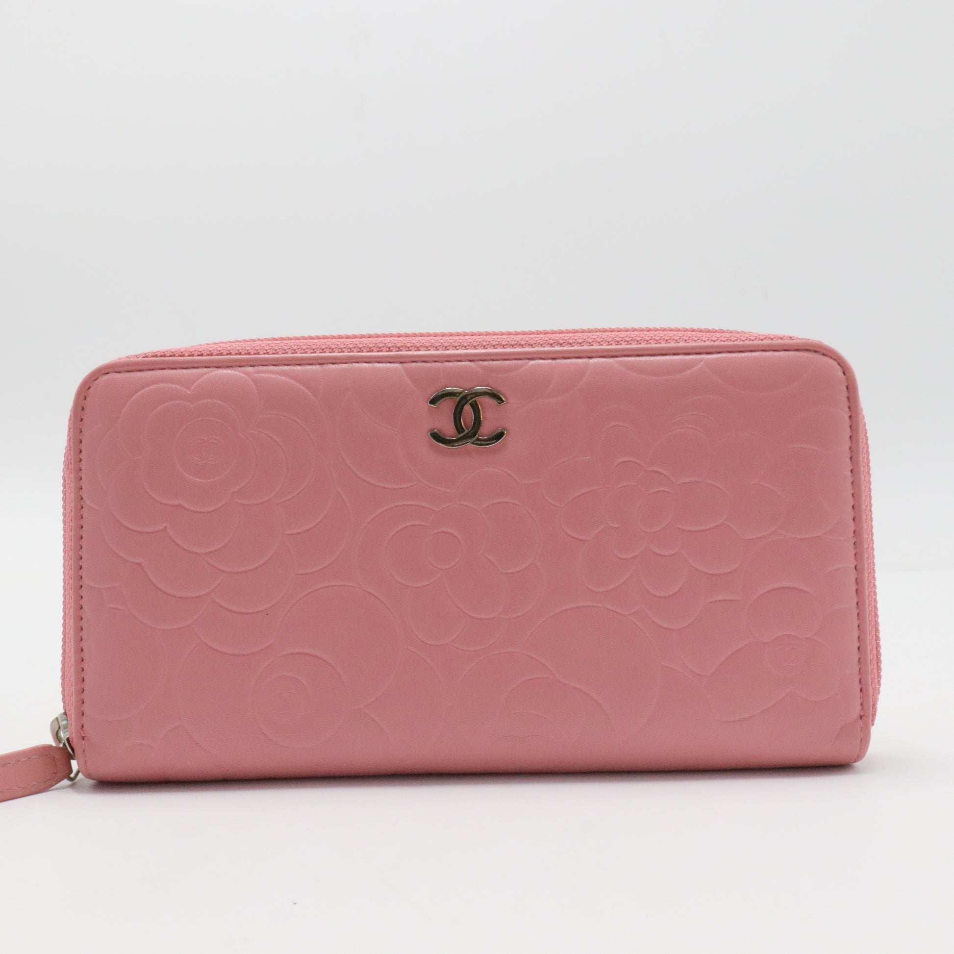 Lambskin Camellia Embossed Zip Around Large Gusset Wallet Pink