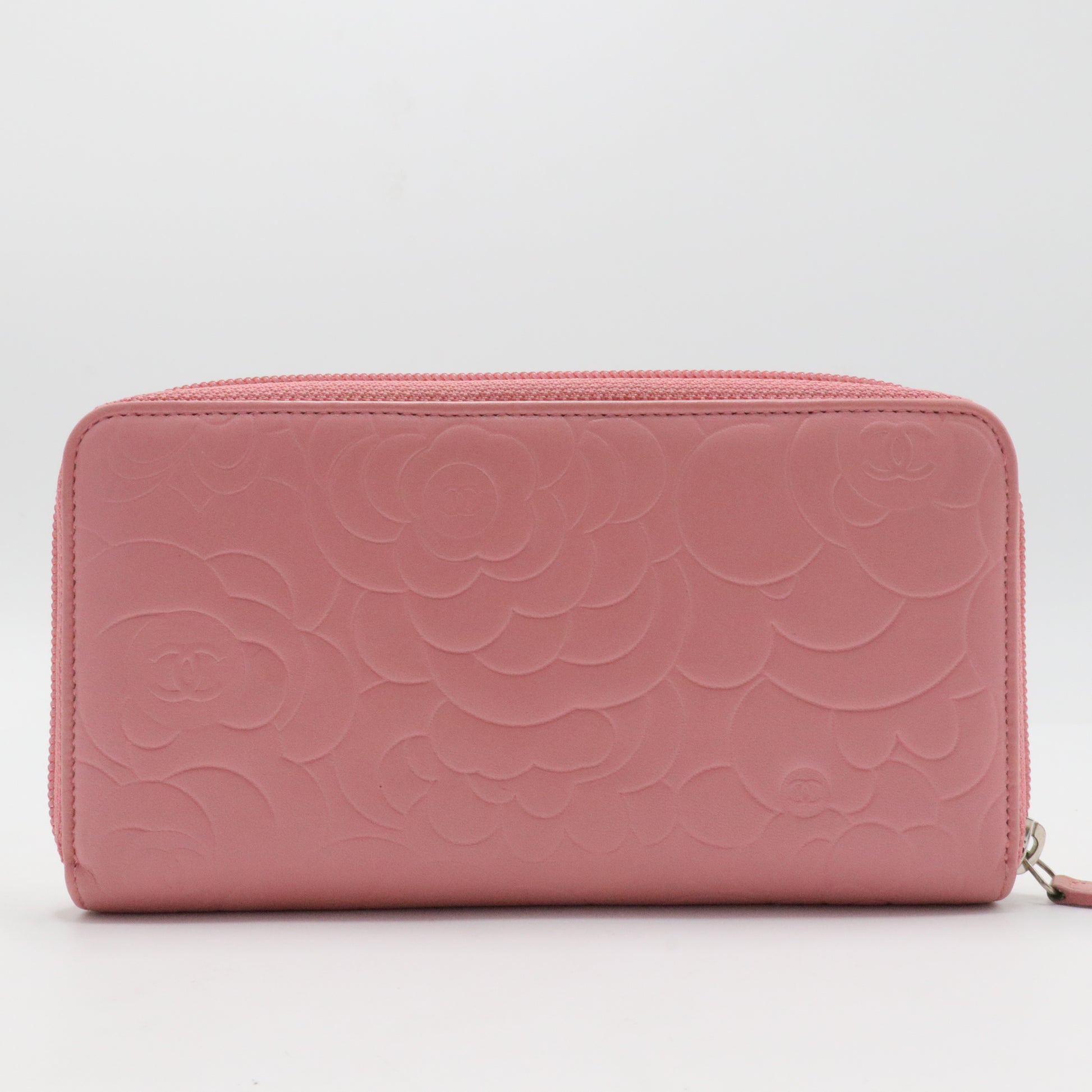 Lambskin Camellia Embossed Zip Around Large Gusset Wallet Pink