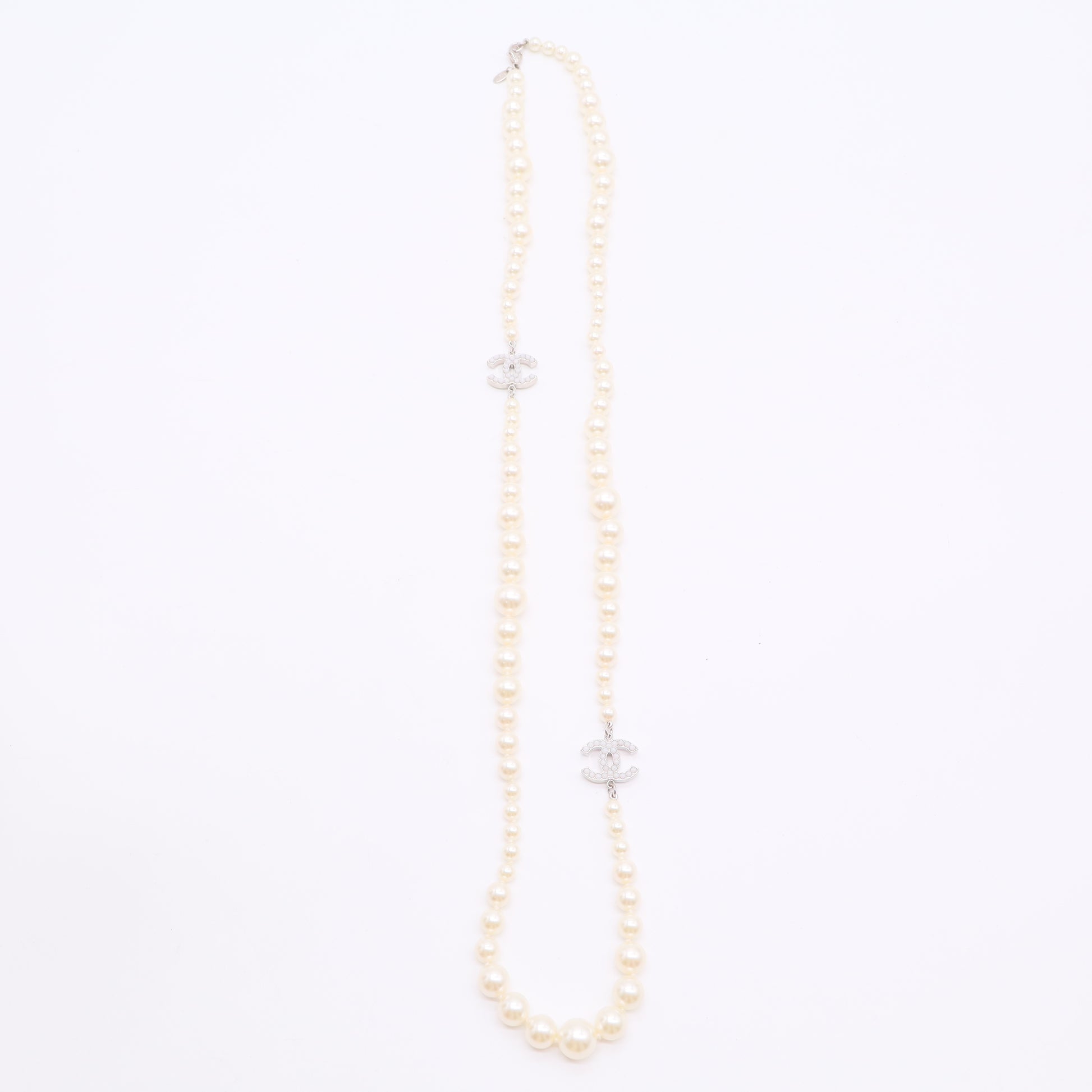 Chanel CC Long Necklace Faux Printed Pearls with Metal Twins LDJ2850