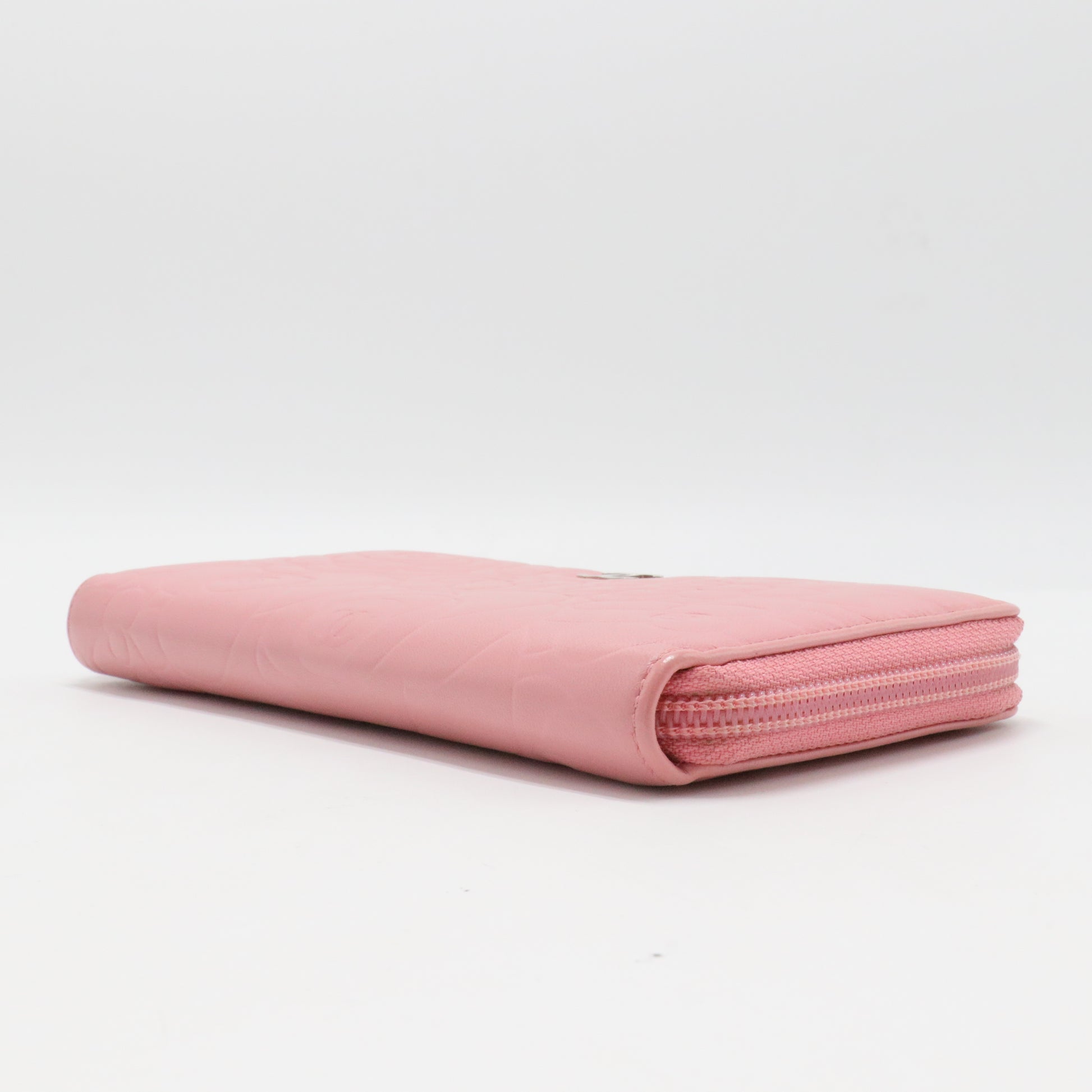 Lambskin Camellia Embossed Zip Around Large Gusset Wallet Pink