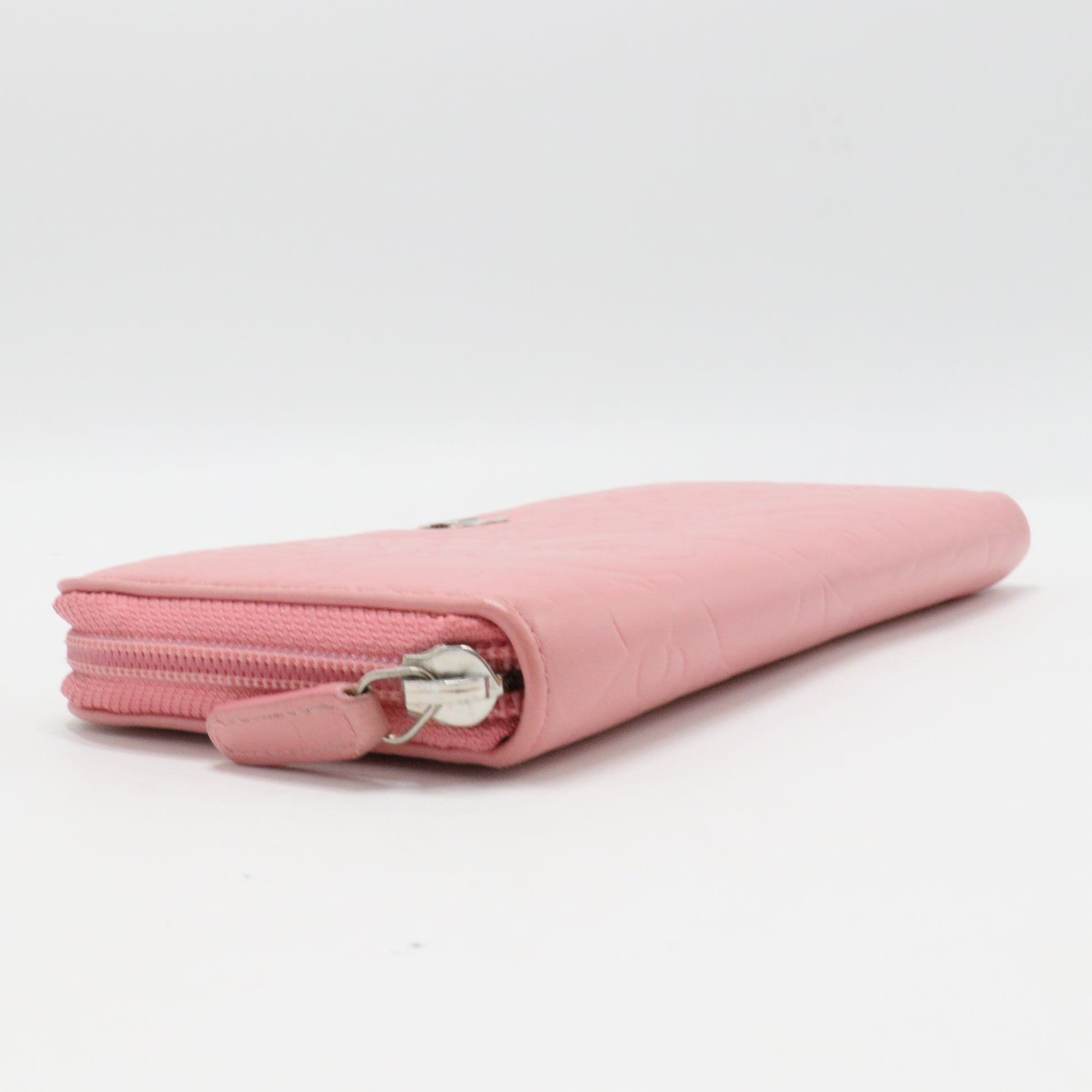 Lambskin Camellia Embossed Zip Around Large Gusset Wallet Pink