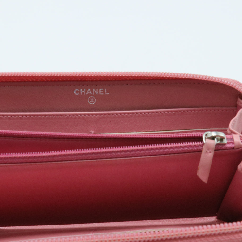 Lambskin Camellia Embossed Zip Around Large Gusset Wallet Pink
