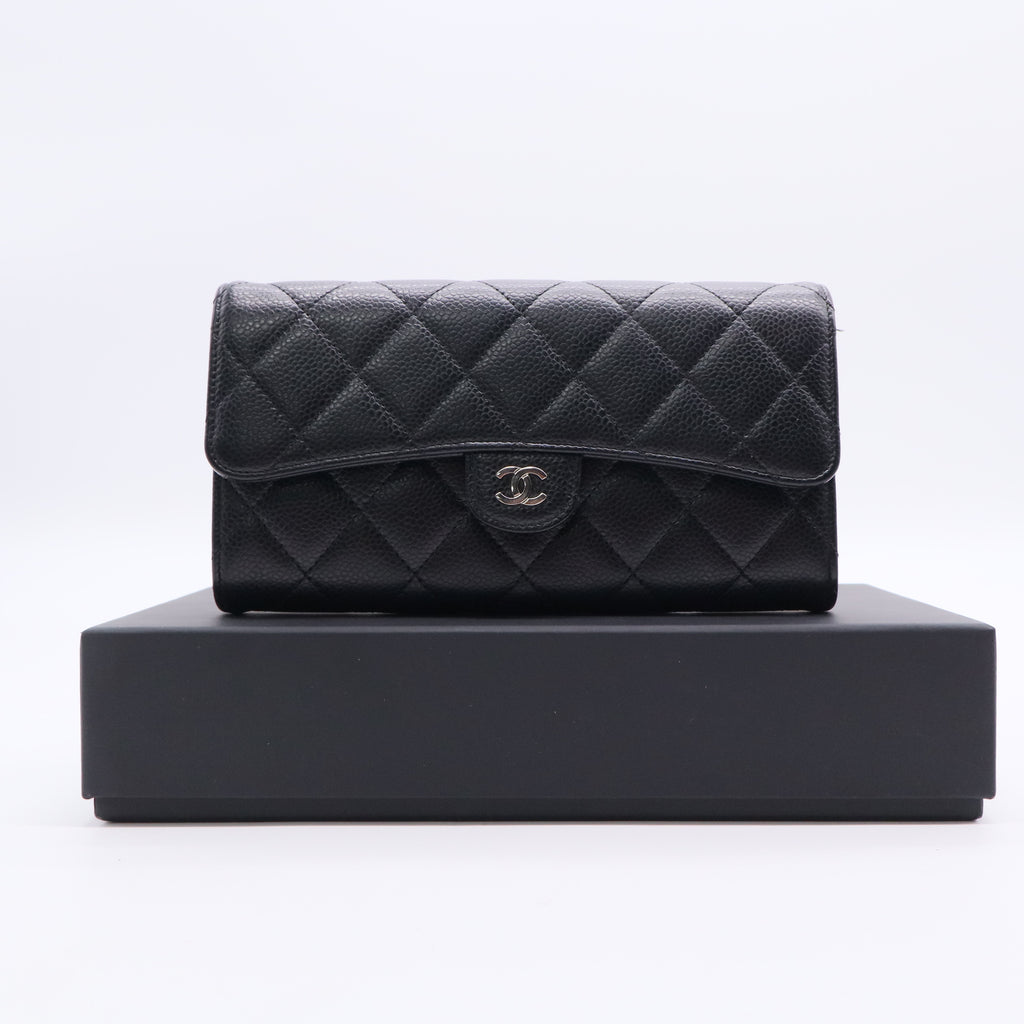 Caviar Quilted Large Gusset Flap Wallet Black Twins LDJ2820