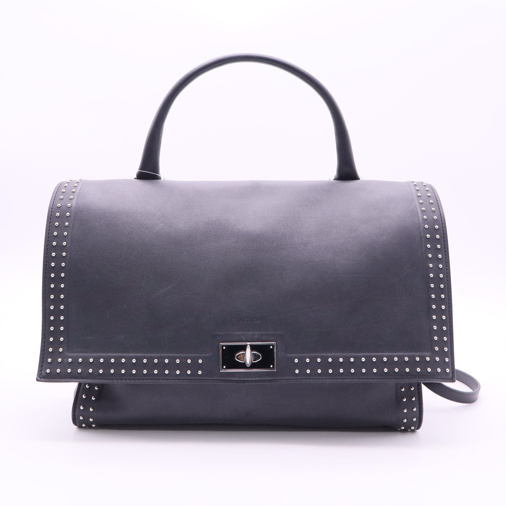 Black Leather Stud Couture Medium Shark Lock Satchel Bag twins
