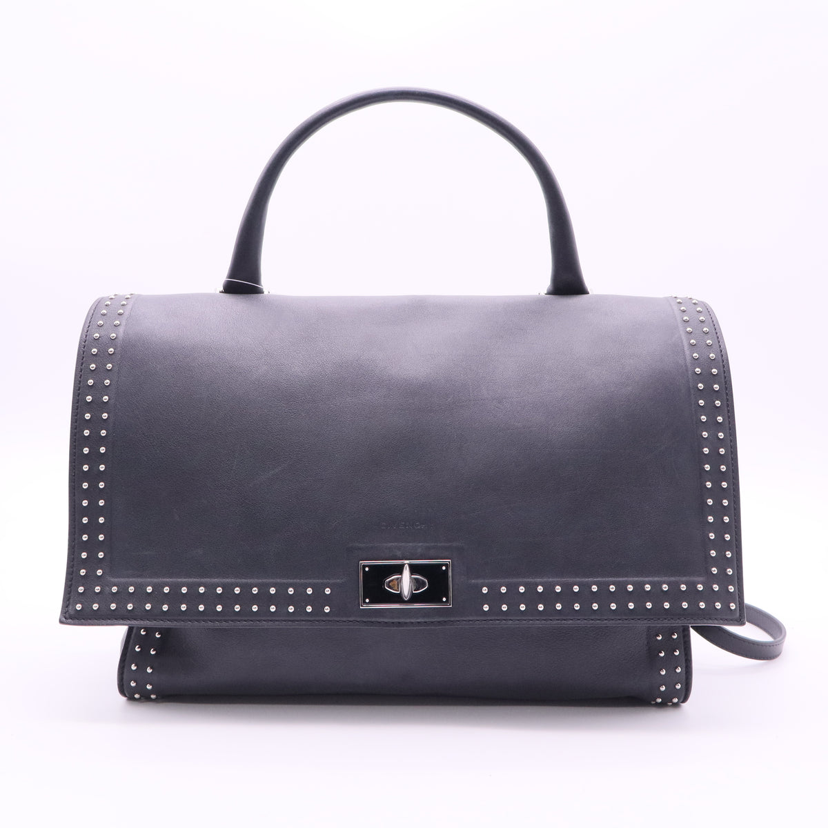 Black Leather Stud Couture Medium Shark Lock Satchel Bag twins