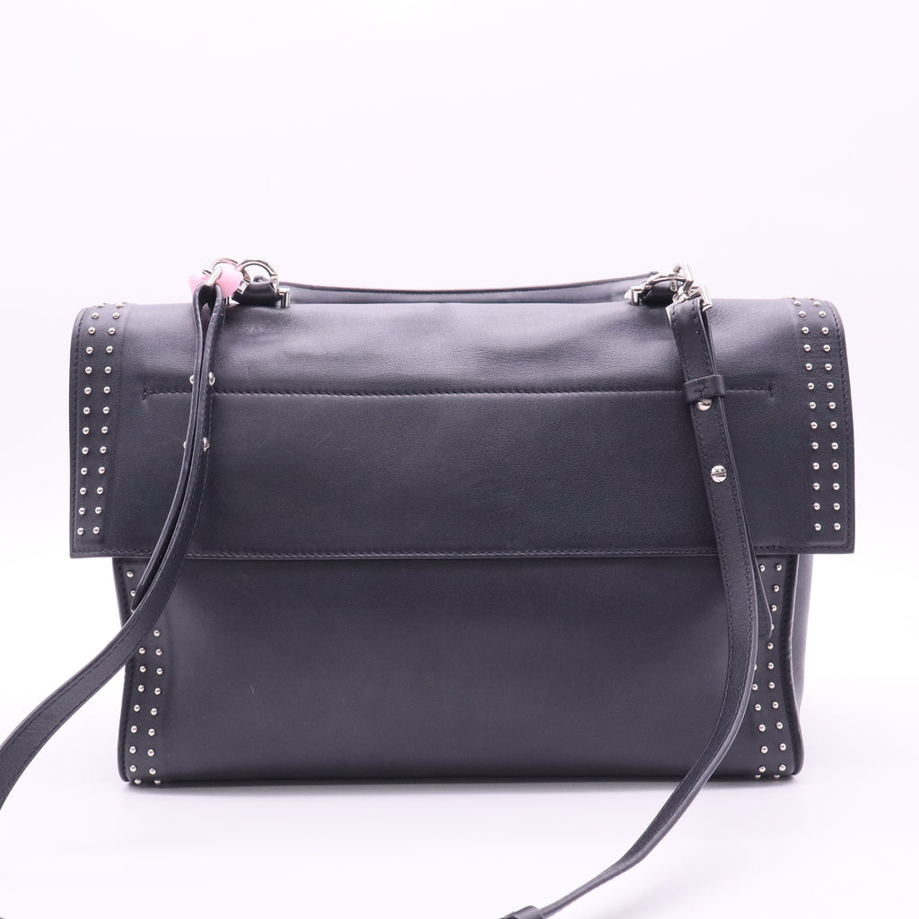 Black Leather Stud Couture Medium Shark Lock Satchel Bag twins