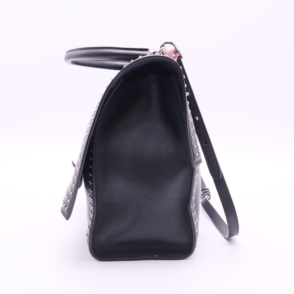 Black Leather Stud Couture Medium Shark Lock Satchel Bag twins