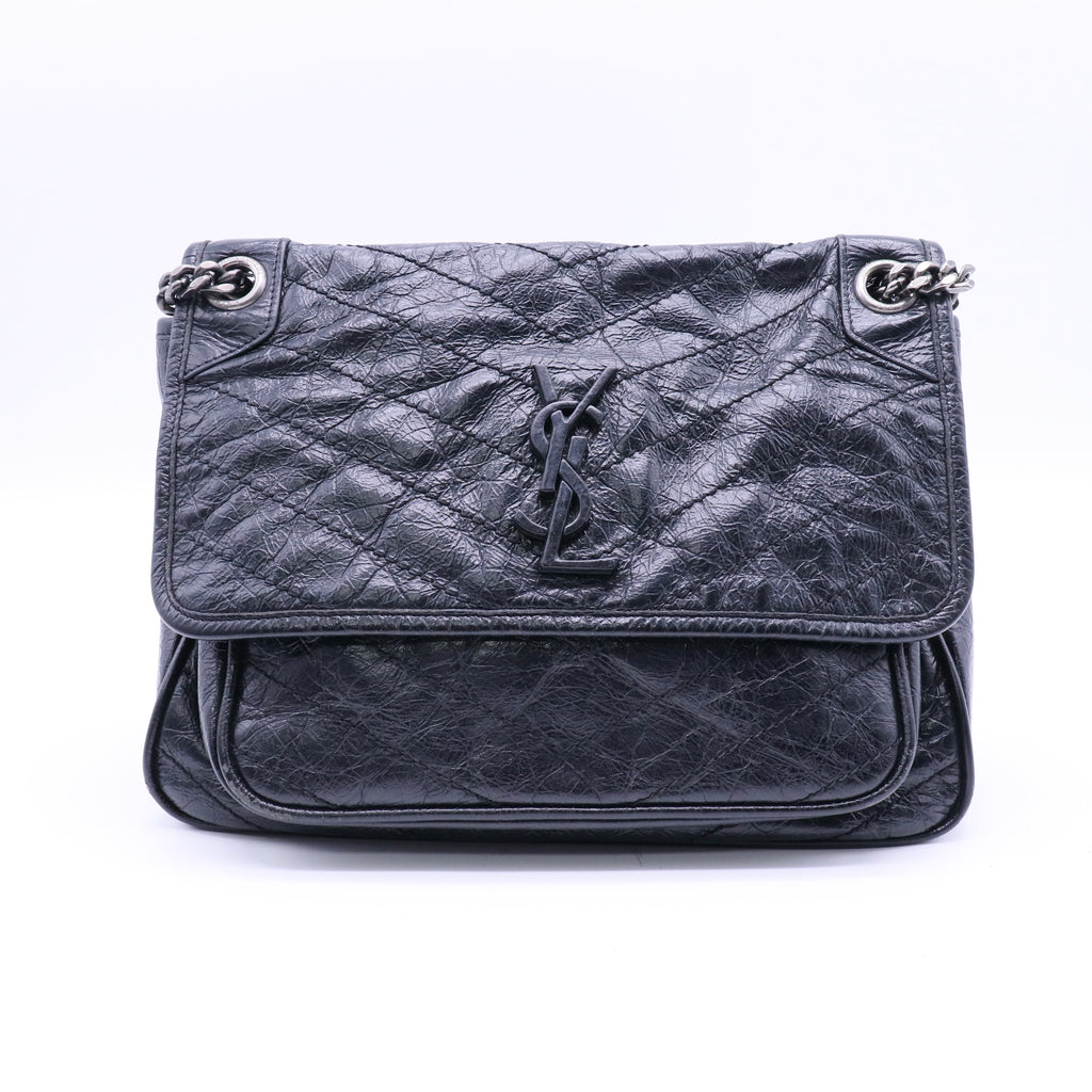 Saint Laurent Crinkled Calfskin Matelasse Monogram Medium Niki Chain Satchel Black Twins LDJ4104
