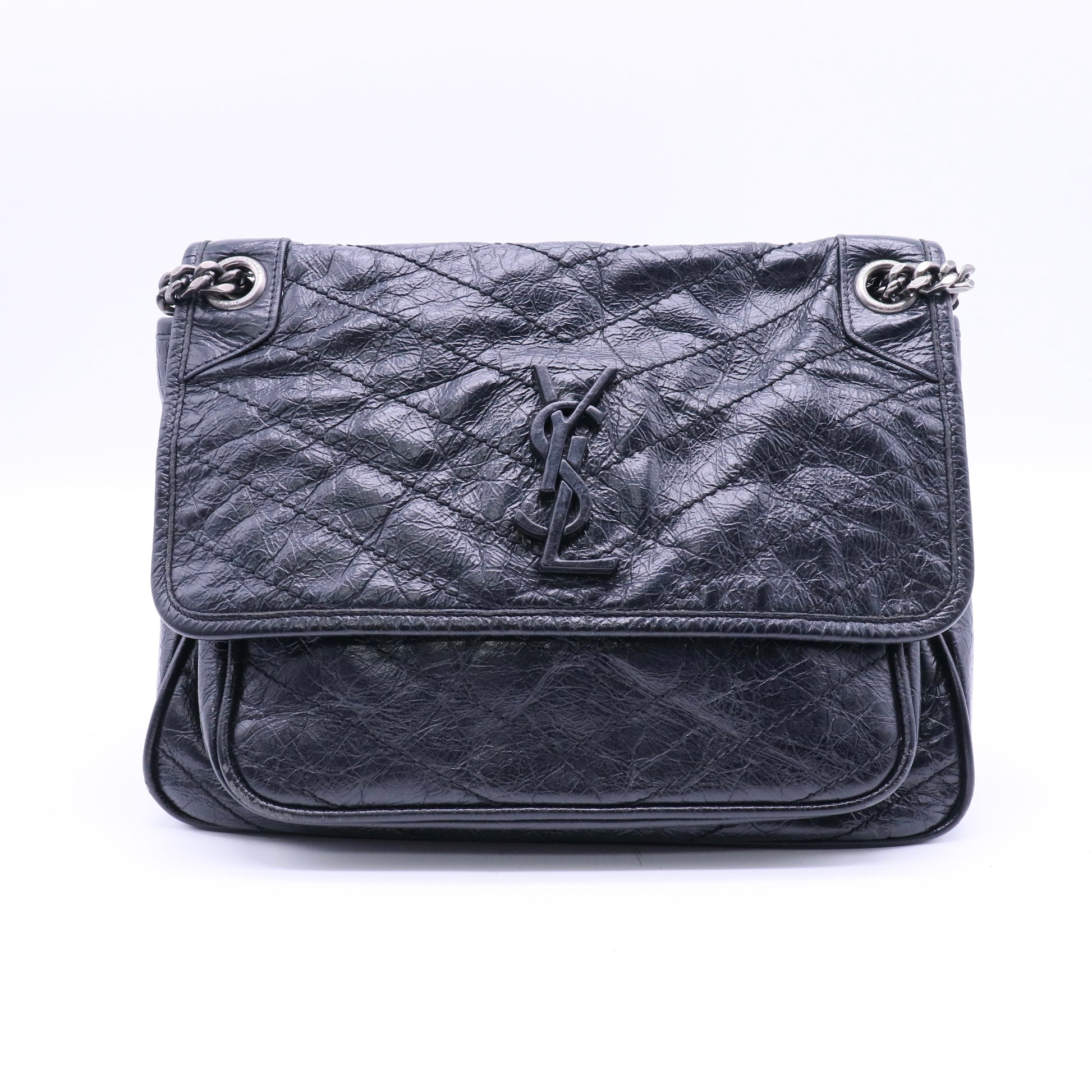 Saint Laurent Crinkled Calfskin Matelasse Monogram Medium Niki Chain Satchel Black Twins LDJ4104