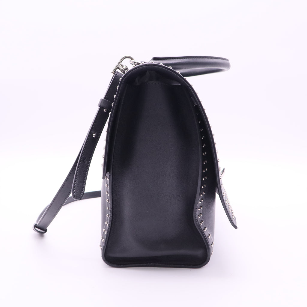 Black Leather Stud Couture Medium Shark Lock Satchel Bag twins