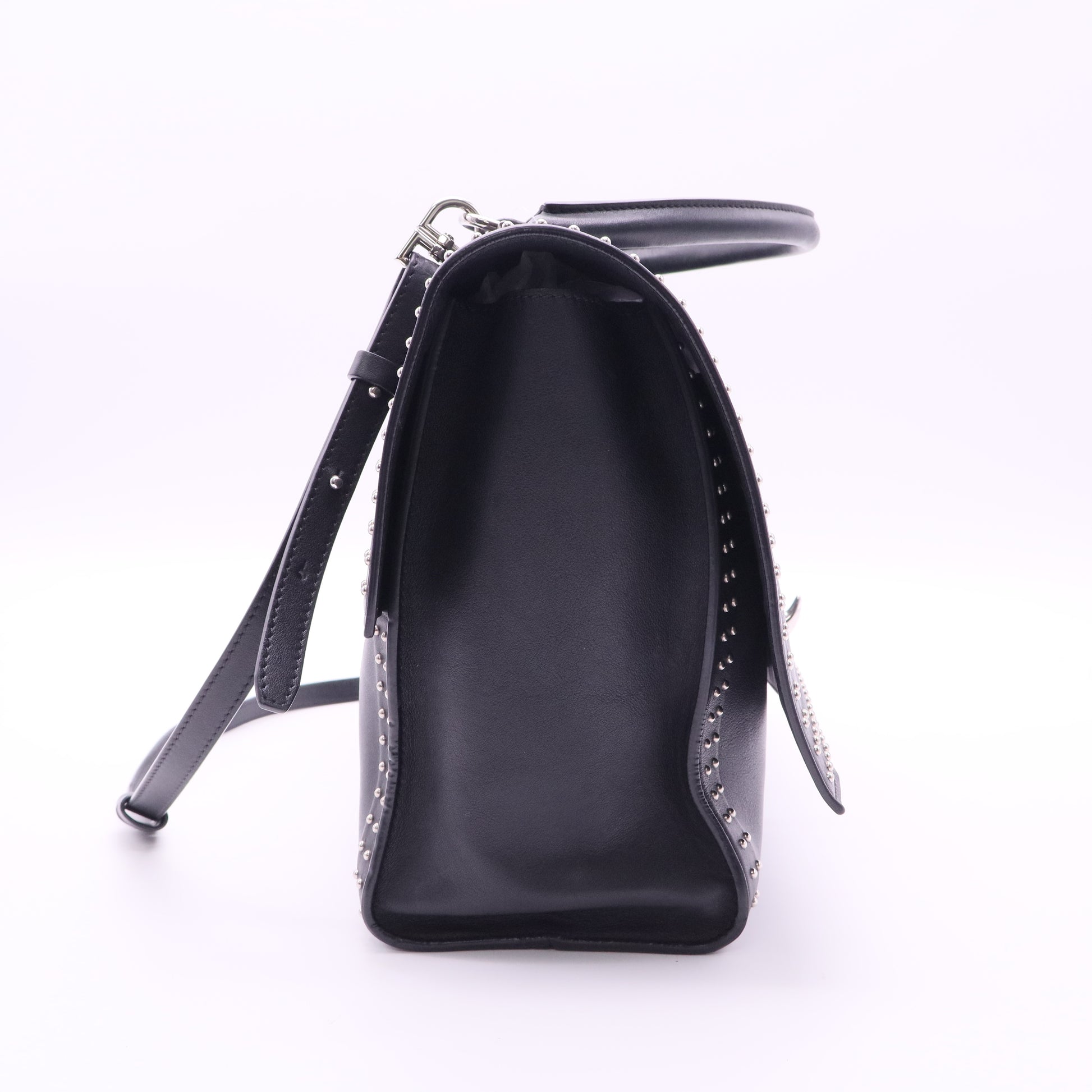 Black Leather Stud Couture Medium Shark Lock Satchel Bag twins