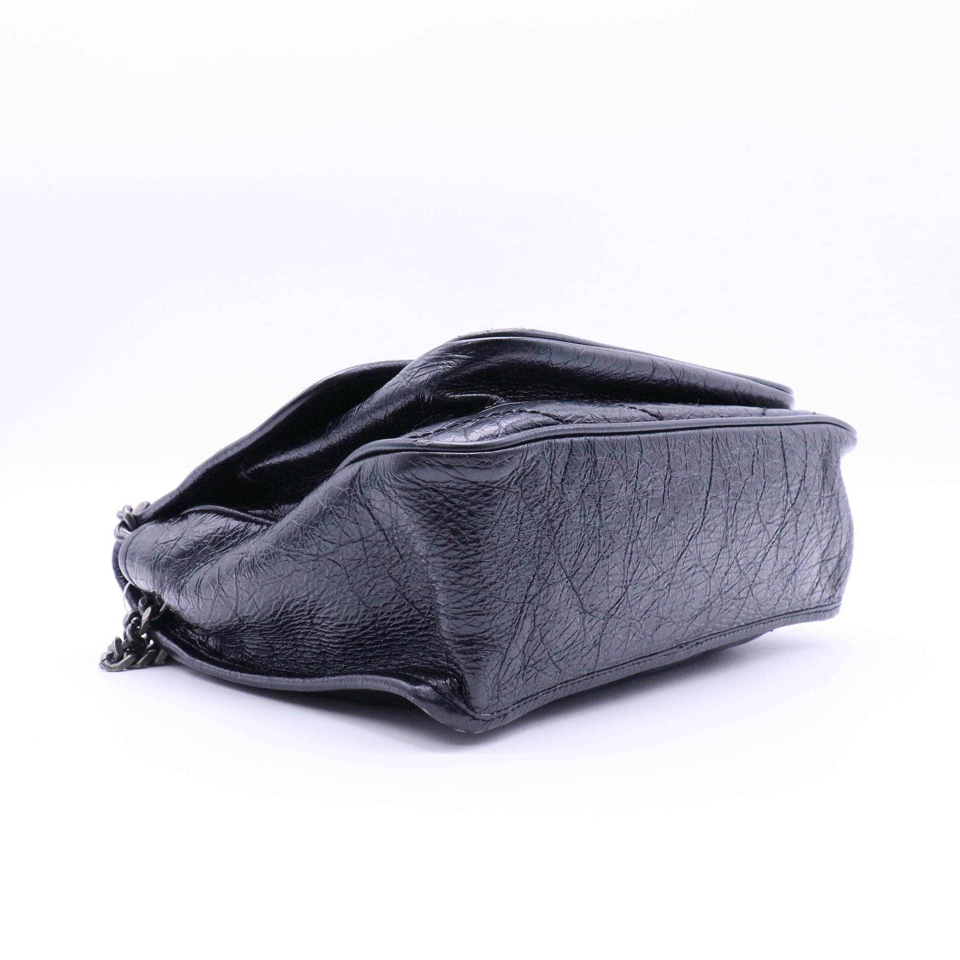 Saint Laurent Crinkled Calfskin Matelasse Monogram Medium Niki Chain Satchel Black Twins LDJ4104