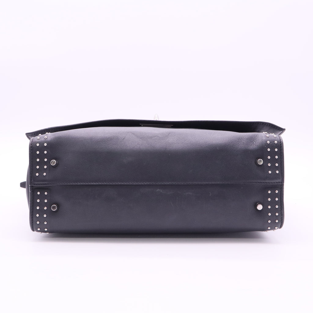 Black Leather Stud Couture Medium Shark Lock Satchel Bag twins