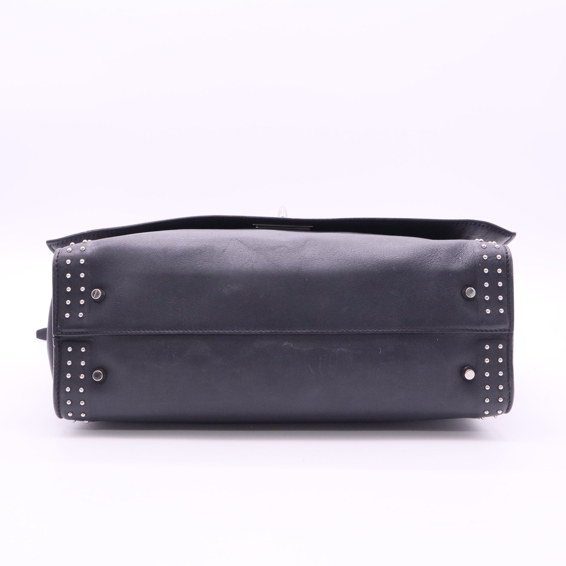 Black Leather Stud Couture Medium Shark Lock Satchel Bag twins