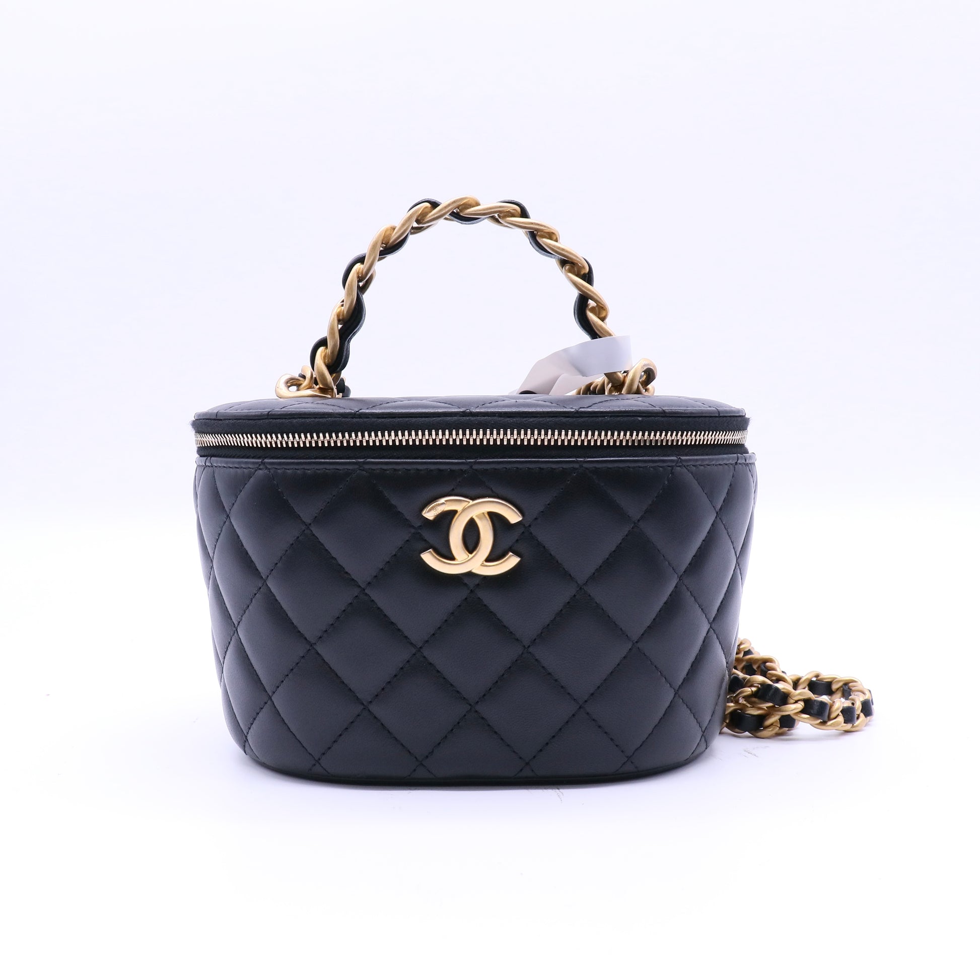 Chanel Lambskin Quilted Mini Pearl Crush Vanity Case With Chain Black twins B22228