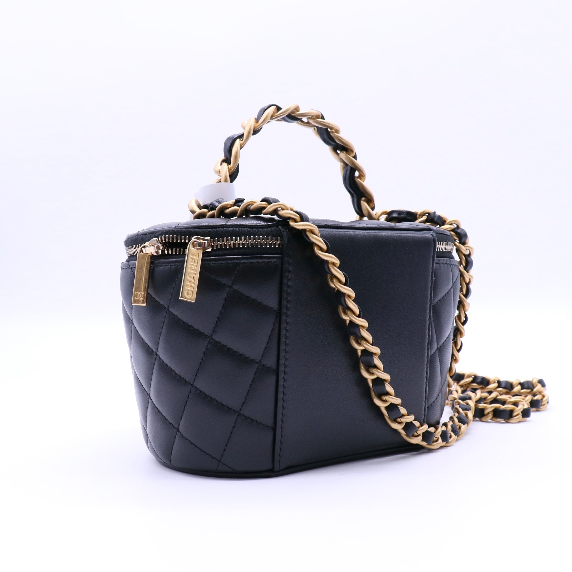 Chanel Lambskin Quilted Mini Pearl Crush Vanity Case With Chain Black twins B22228