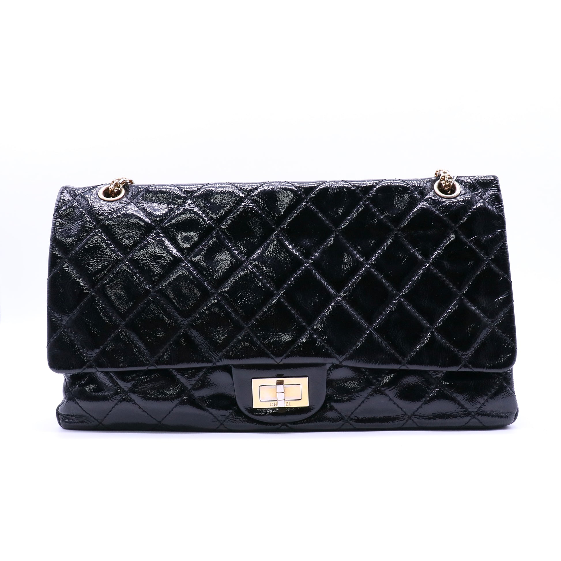 Chanel Black 2.55 Reissue Quilted Patent Leather Classic 228 Maxi Flap Bag twins LDJ4107