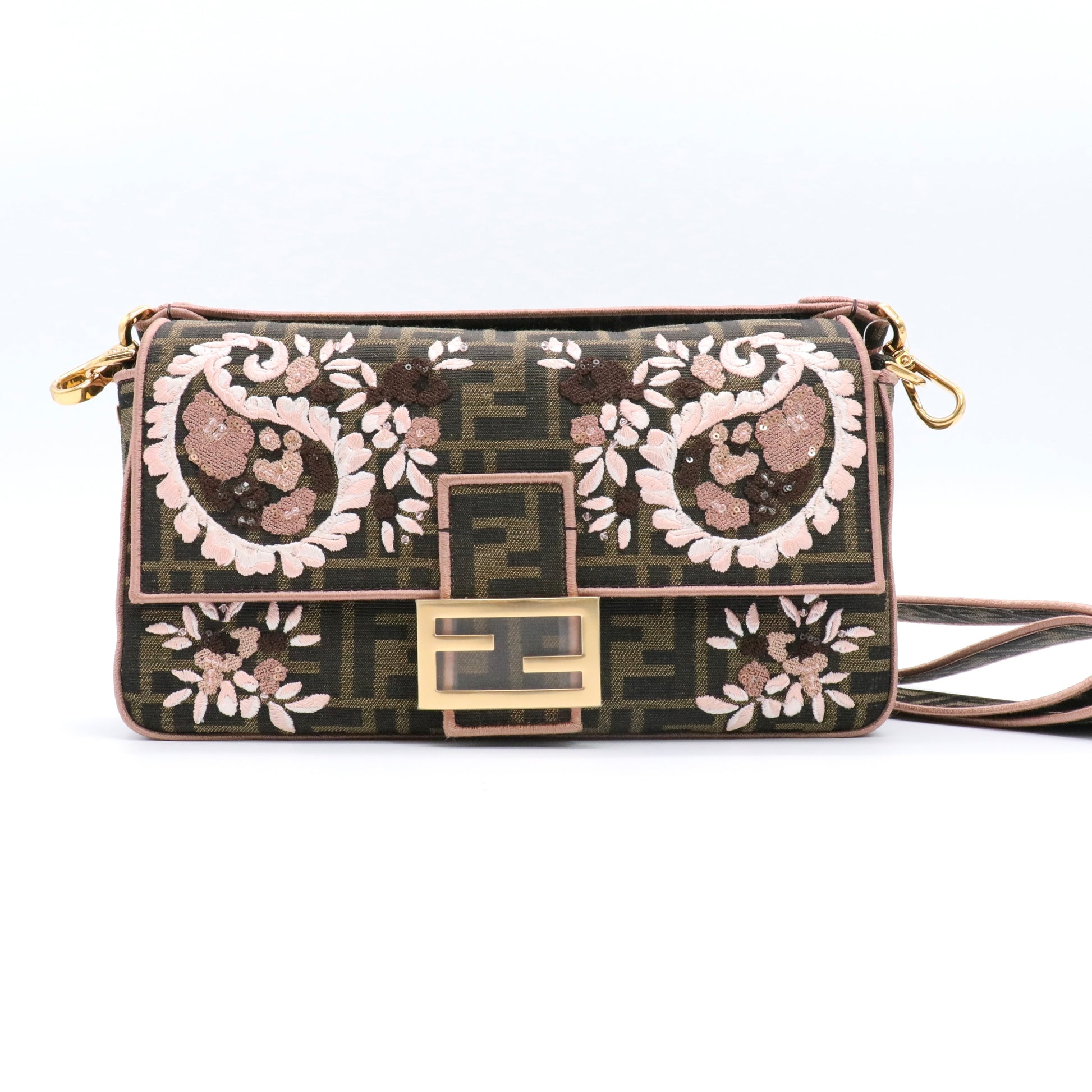 Baguette bag in Zucca print jacquard with pink paisley embroidery Brown twins
