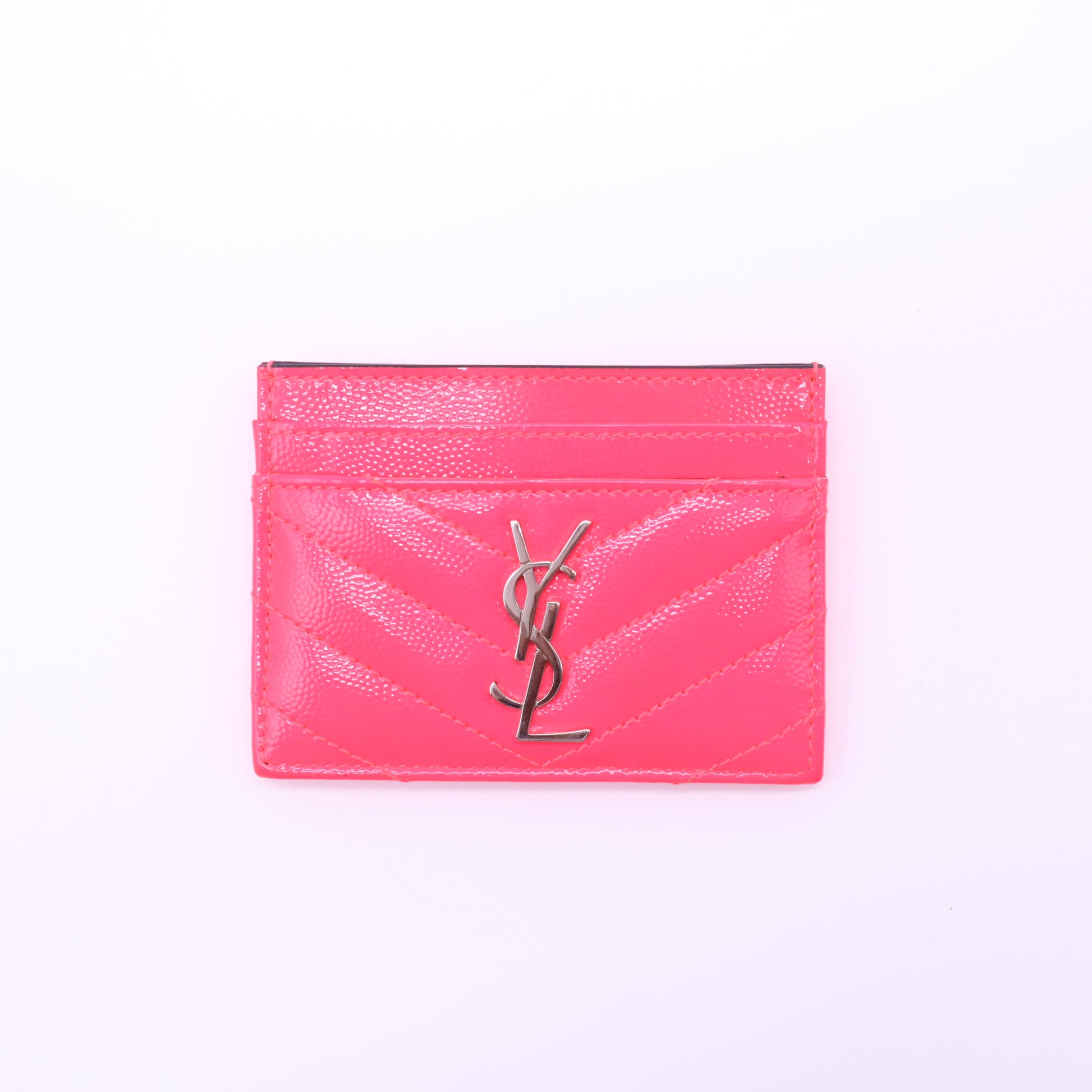 Patent Grain De Poudre Matelasse Chevron Monogram Credit Card Case Neon Pink W21576
