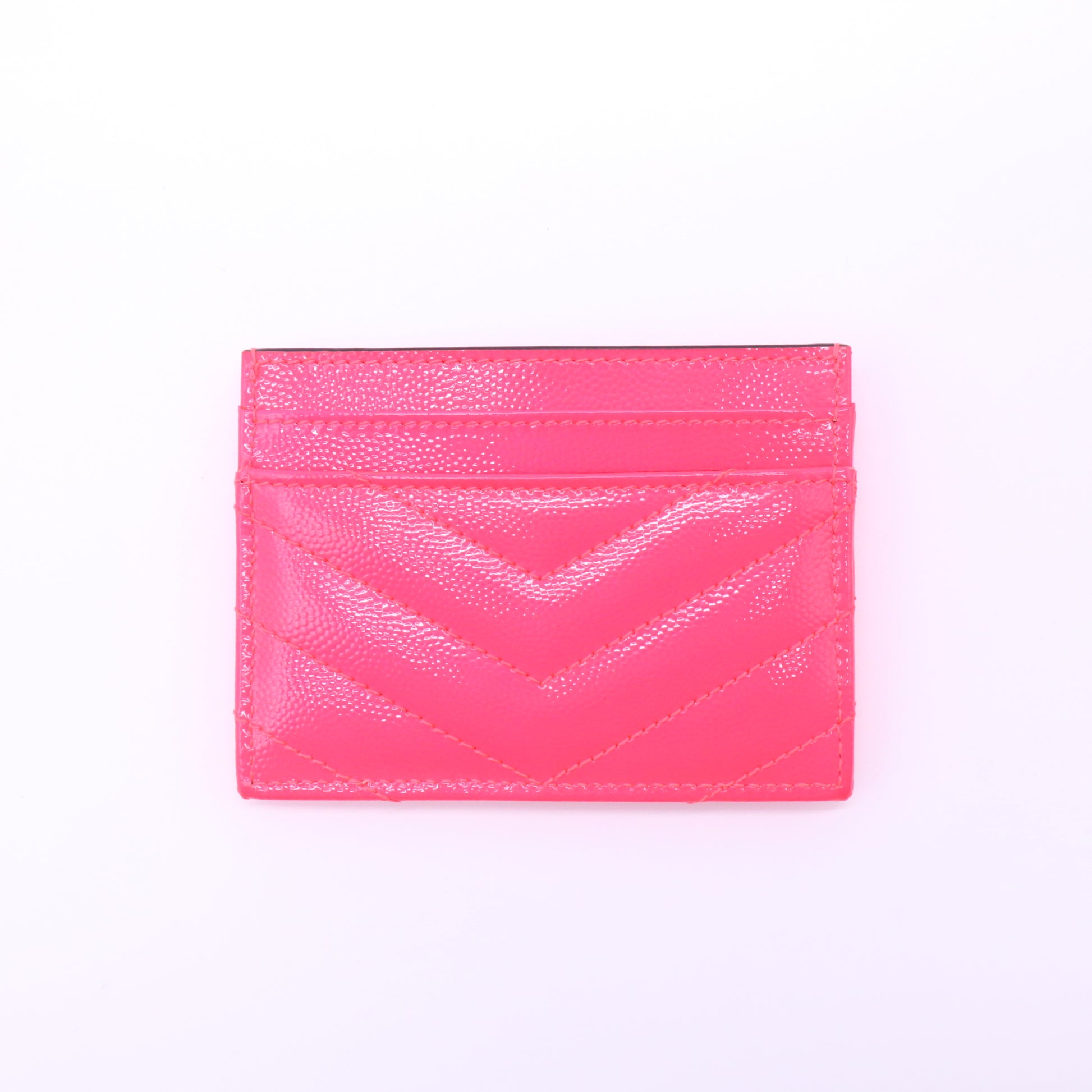Patent Grain De Poudre Matelasse Chevron Monogram Credit Card Case Neon Pink W21576