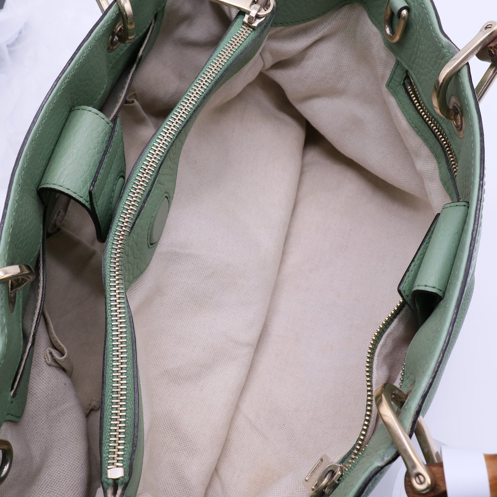 Gucci Pebbled Calfskin Medium Bamboo Shopper Tote Green Twins B22040