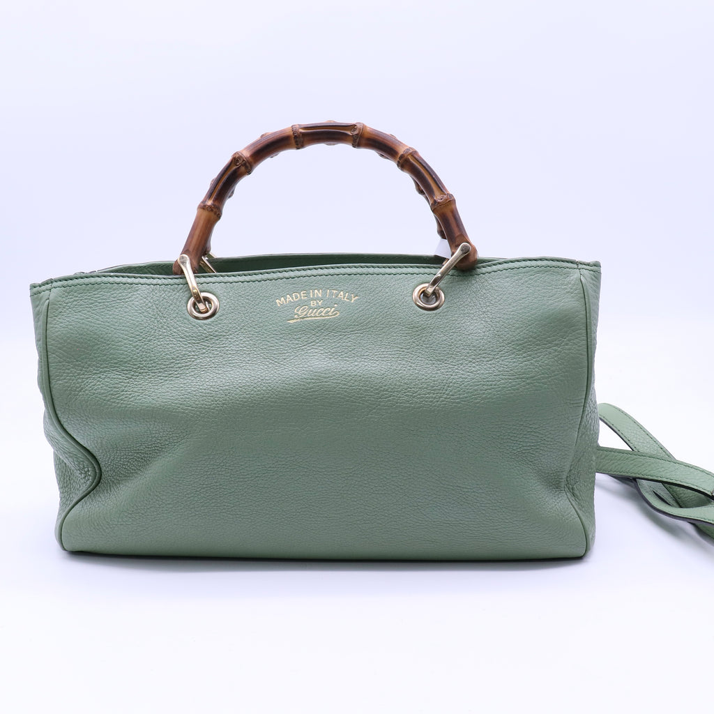 Gucci Pebbled Calfskin Medium Bamboo Shopper Tote Green Twins B22040