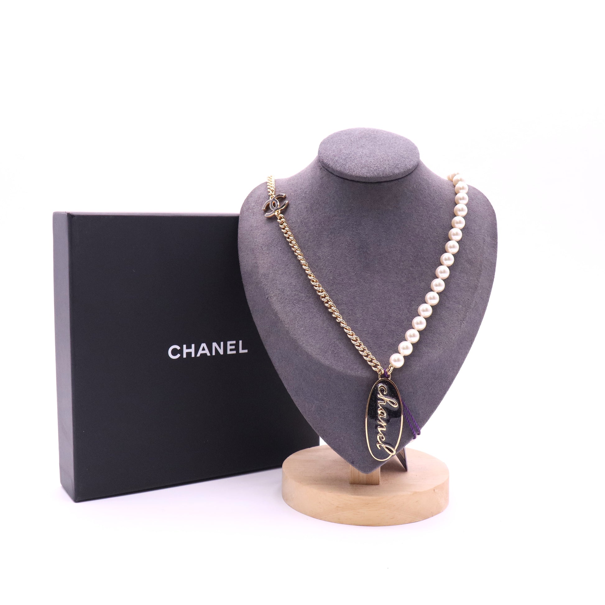 CHANEL Vintage CC Cross Station Necklace Faux Pearls and Metal twins
