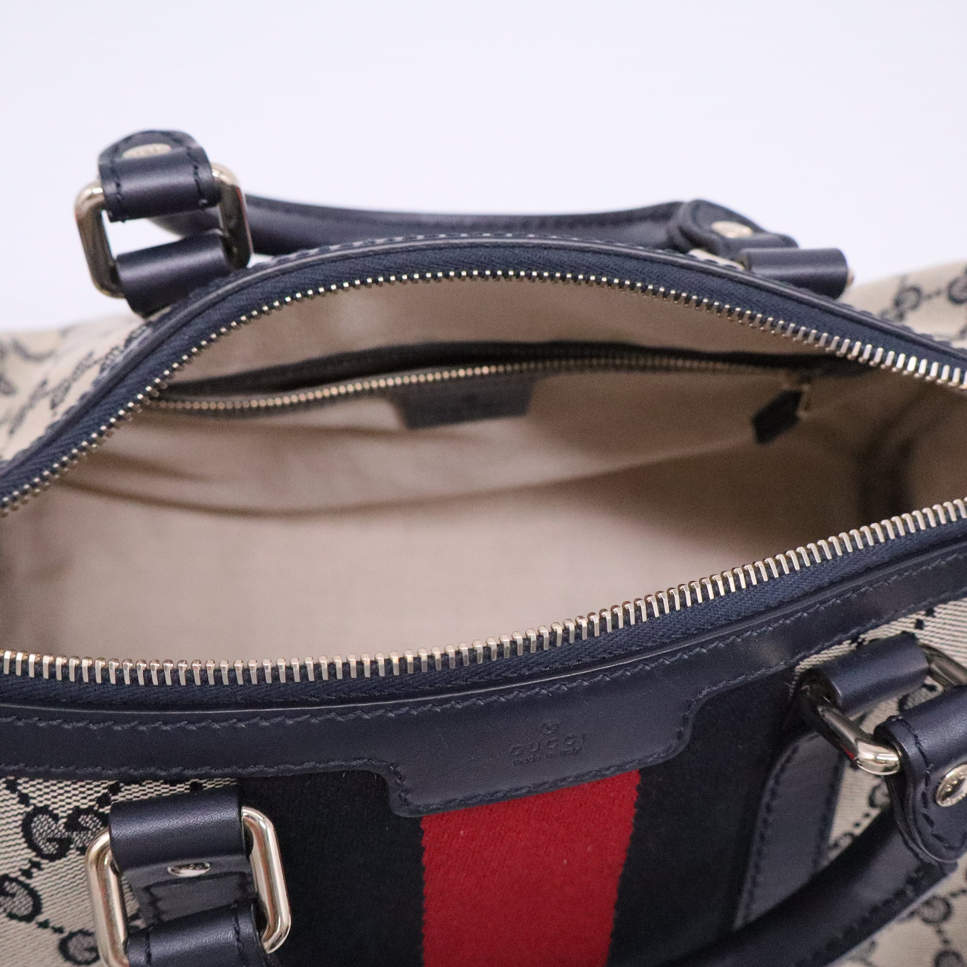 Beige/Navy Blue GG Canvas Medium Vintage Web Boston Bag