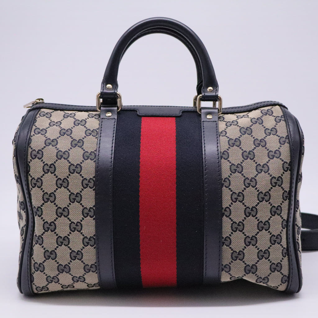 Beige/Navy Blue GG Canvas Medium Vintage Web Boston Bag