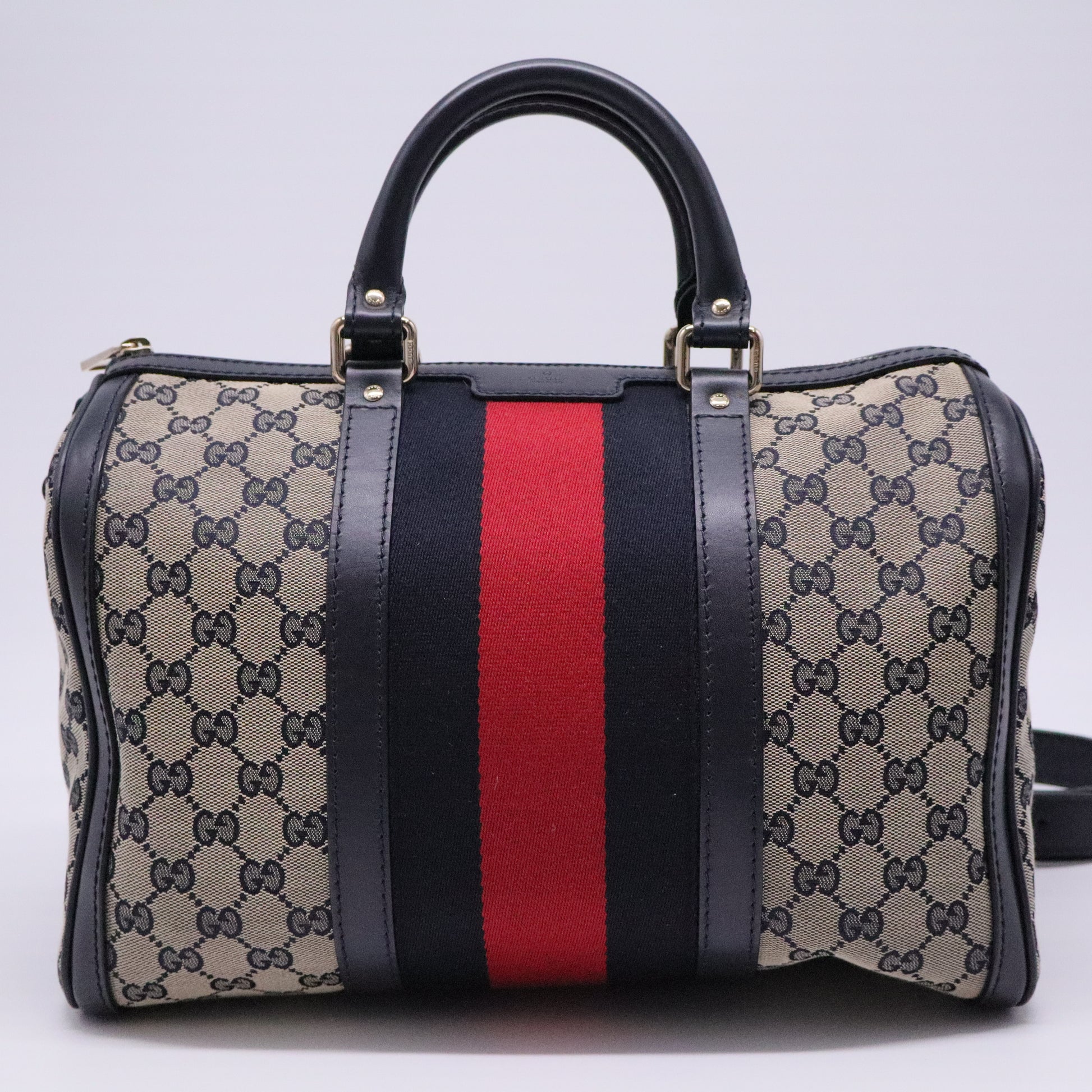 Beige/Navy Blue GG Canvas Medium Vintage Web Boston Bag