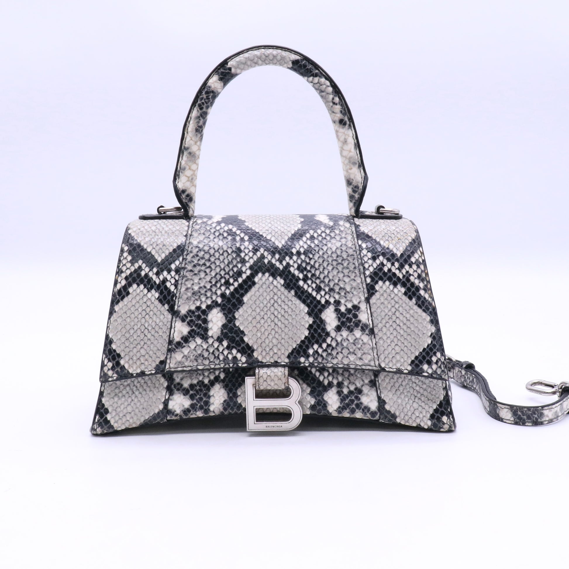 Balenciaga Black/White Snakeskin Embossed Leather Hourglass Small Top Handle Bag twins LDJ3609