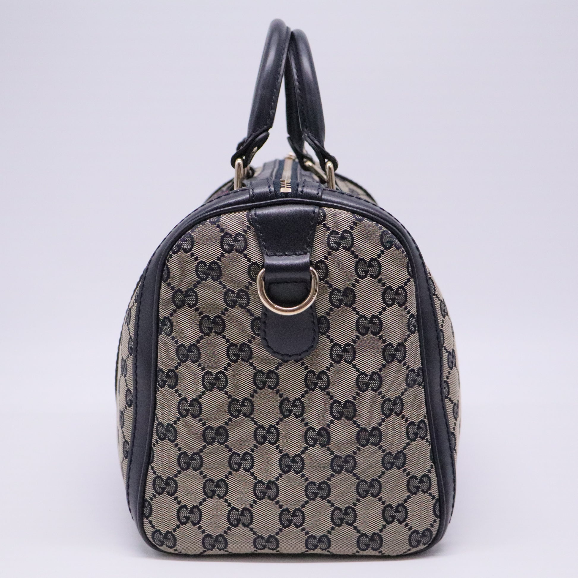 Beige/Navy Blue GG Canvas Medium Vintage Web Boston Bag