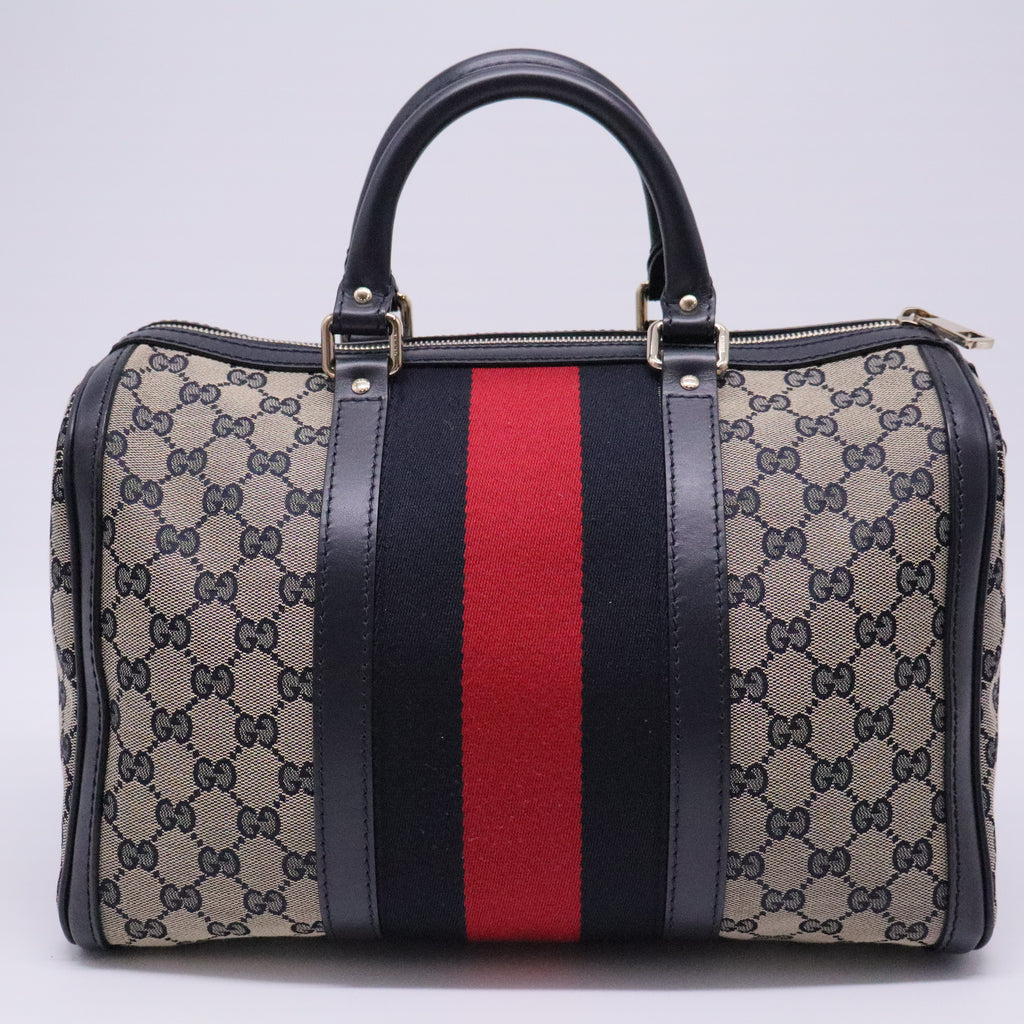 Beige/Navy Blue GG Canvas Medium Vintage Web Boston Bag