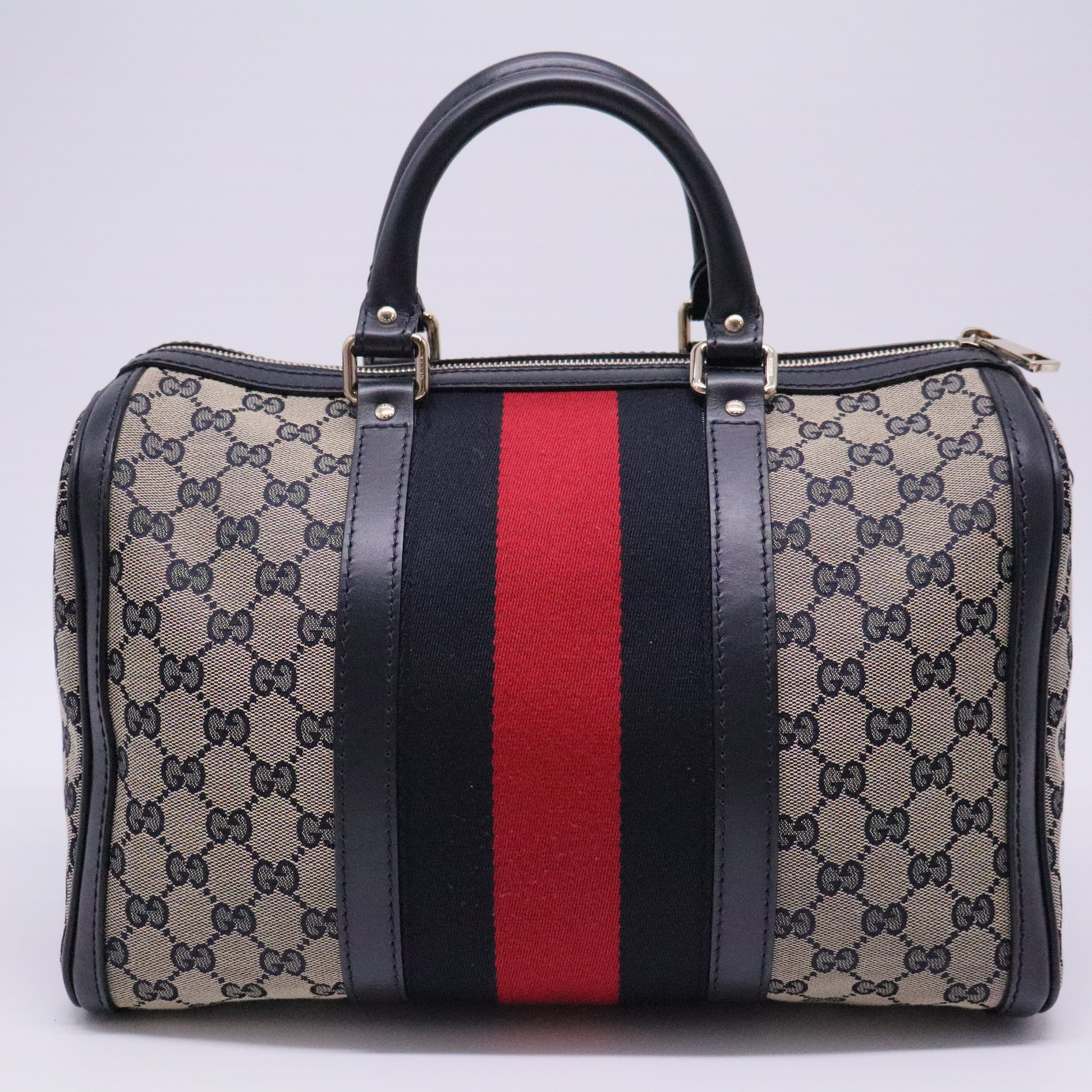 Beige/Navy Blue GG Canvas Medium Vintage Web Boston Bag