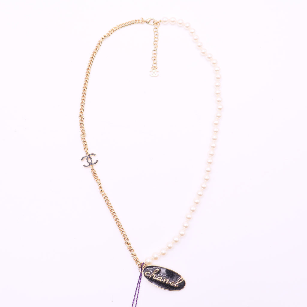 CHANEL Vintage CC Cross Station Necklace Faux Pearls and Metal twins