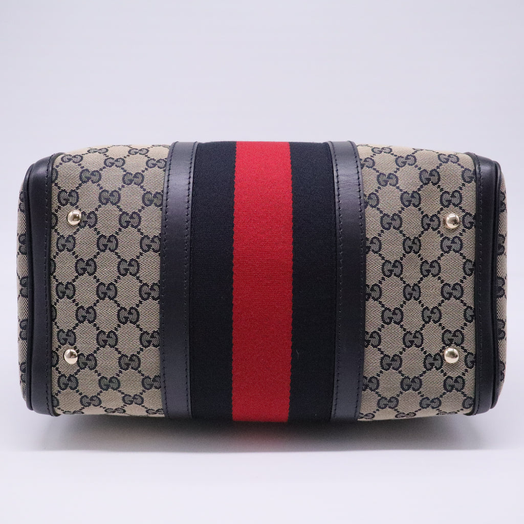 Beige/Navy Blue GG Canvas Medium Vintage Web Boston Bag