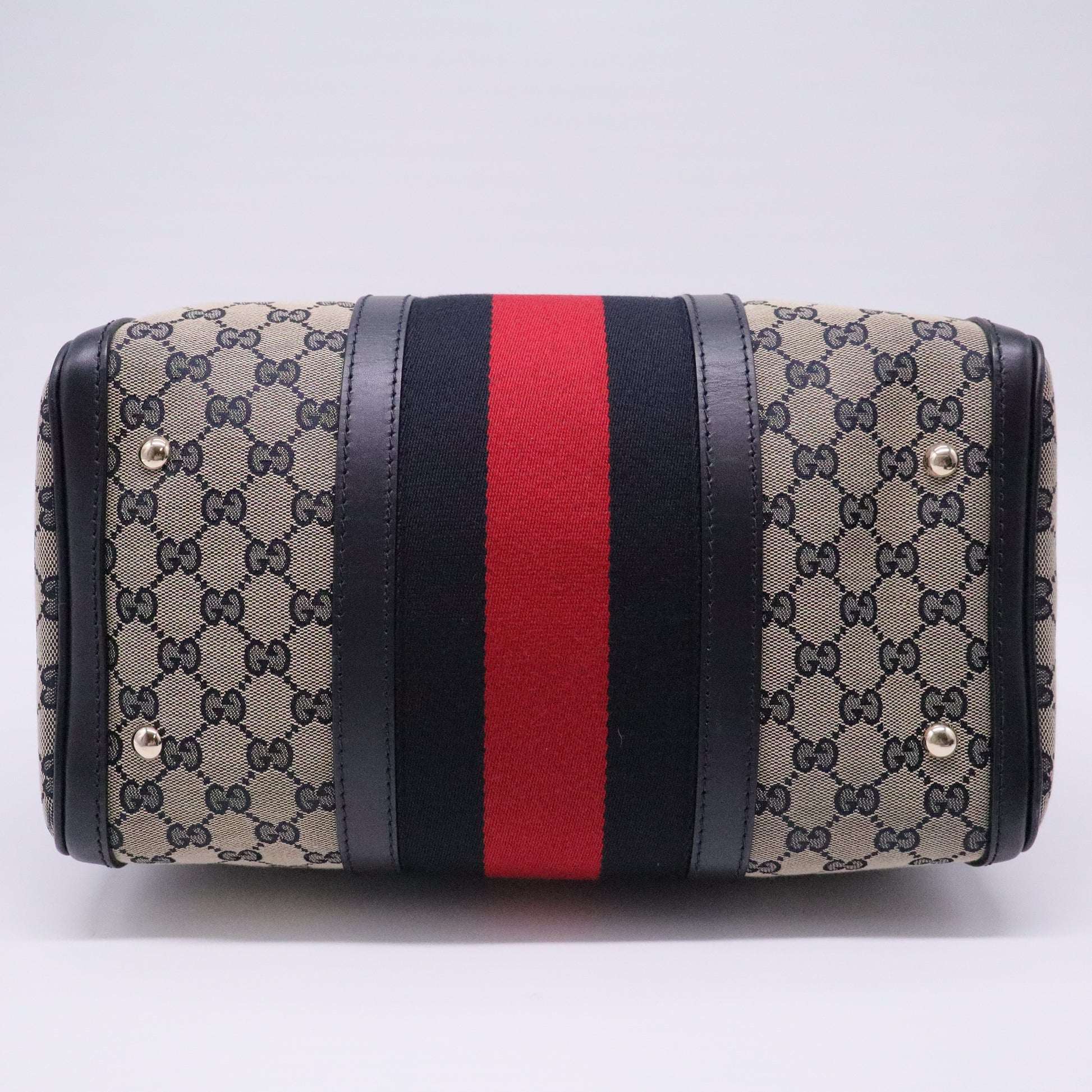 Beige/Navy Blue GG Canvas Medium Vintage Web Boston Bag