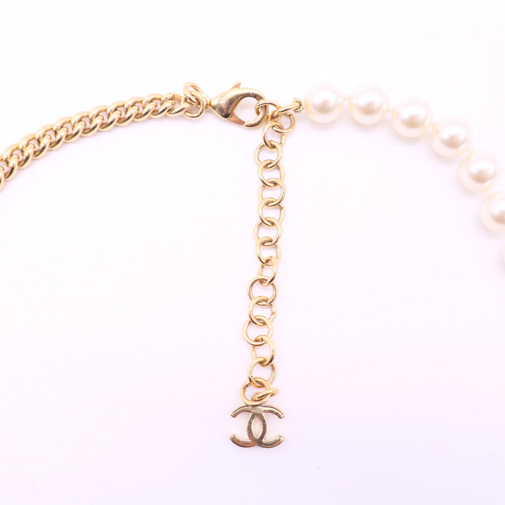 CHANEL Vintage CC Cross Station Necklace Faux Pearls and Metal twins