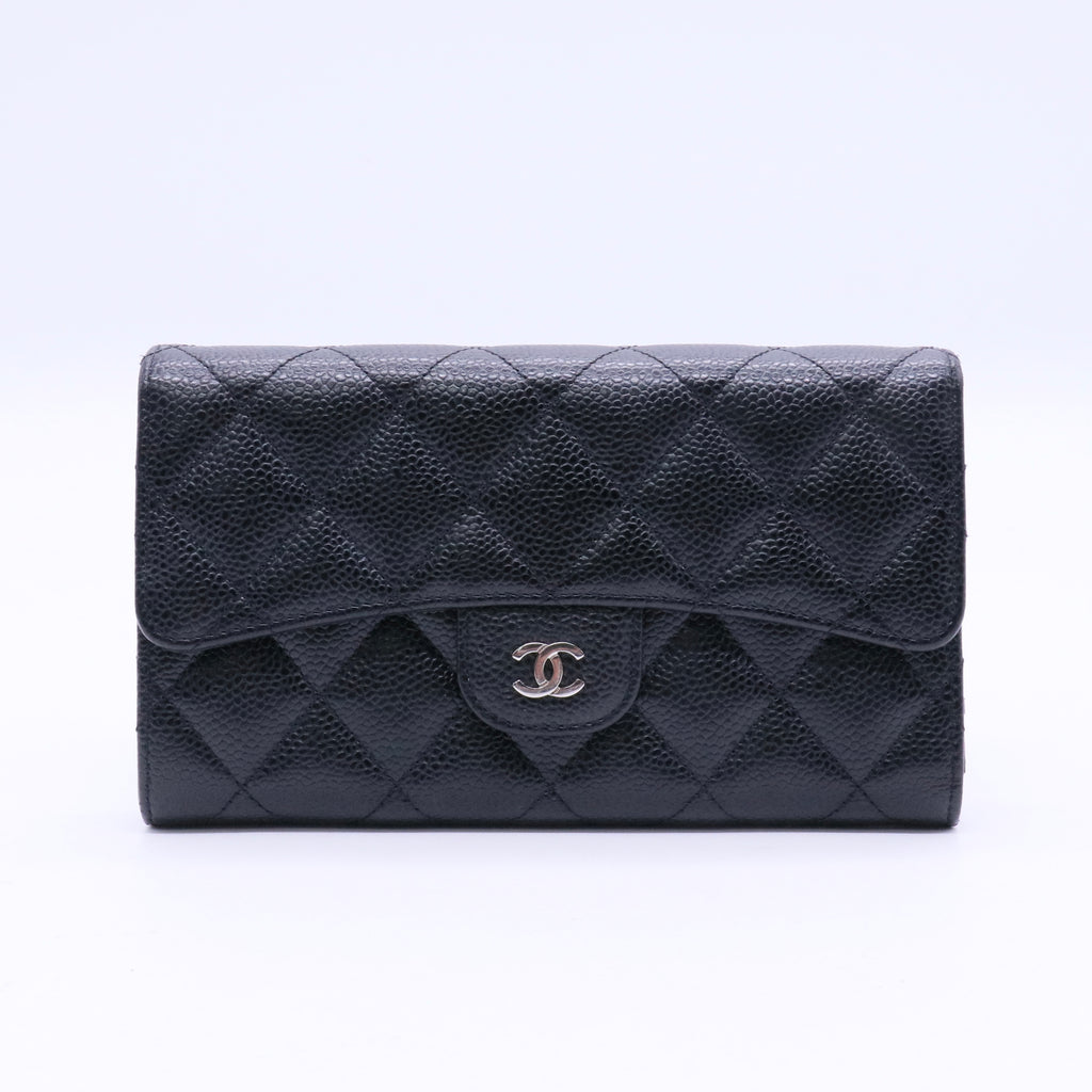 Black Quilted Caviar Leather Classic Flap Wallet Twins LDJ3648