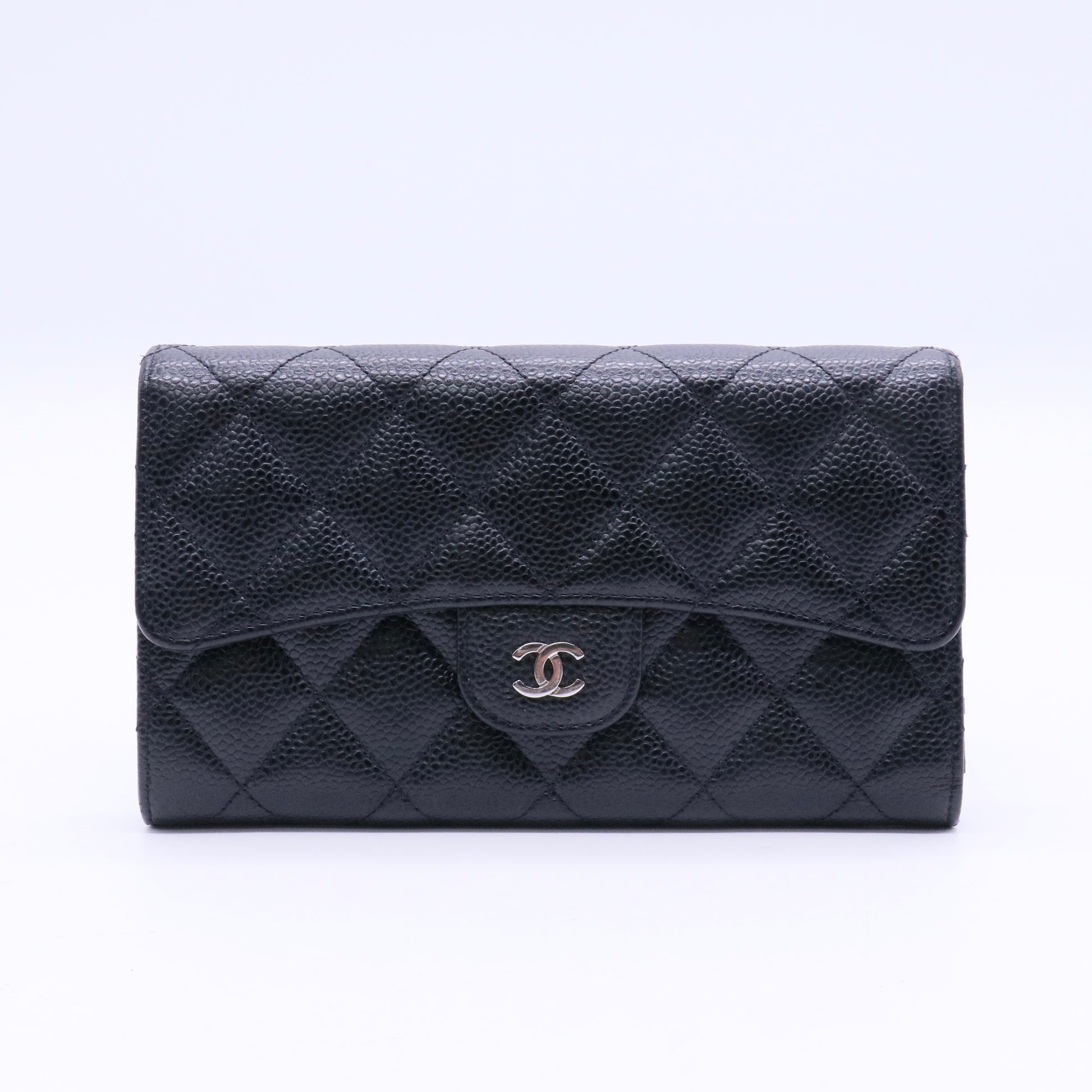 Black Quilted Caviar Leather Classic Flap Wallet Twins LDJ3648