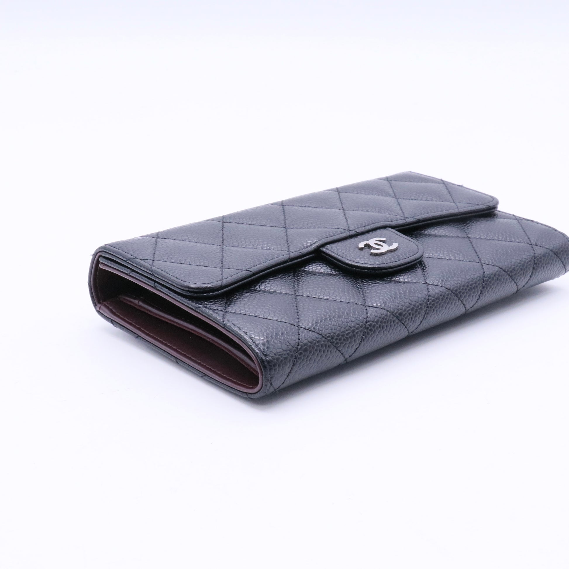Black Quilted Caviar Leather Classic Flap Wallet Twins LDJ3648