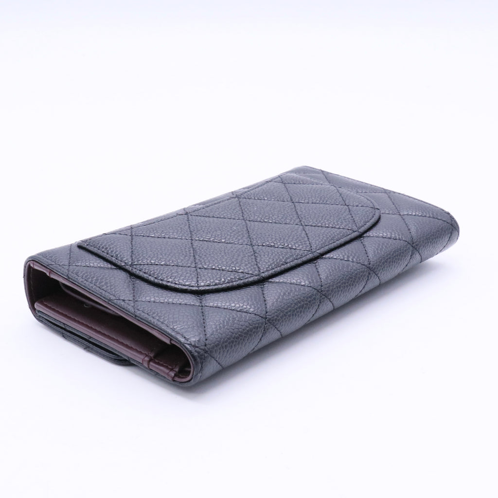 Black Quilted Caviar Leather Classic Flap Wallet Twins LDJ3648
