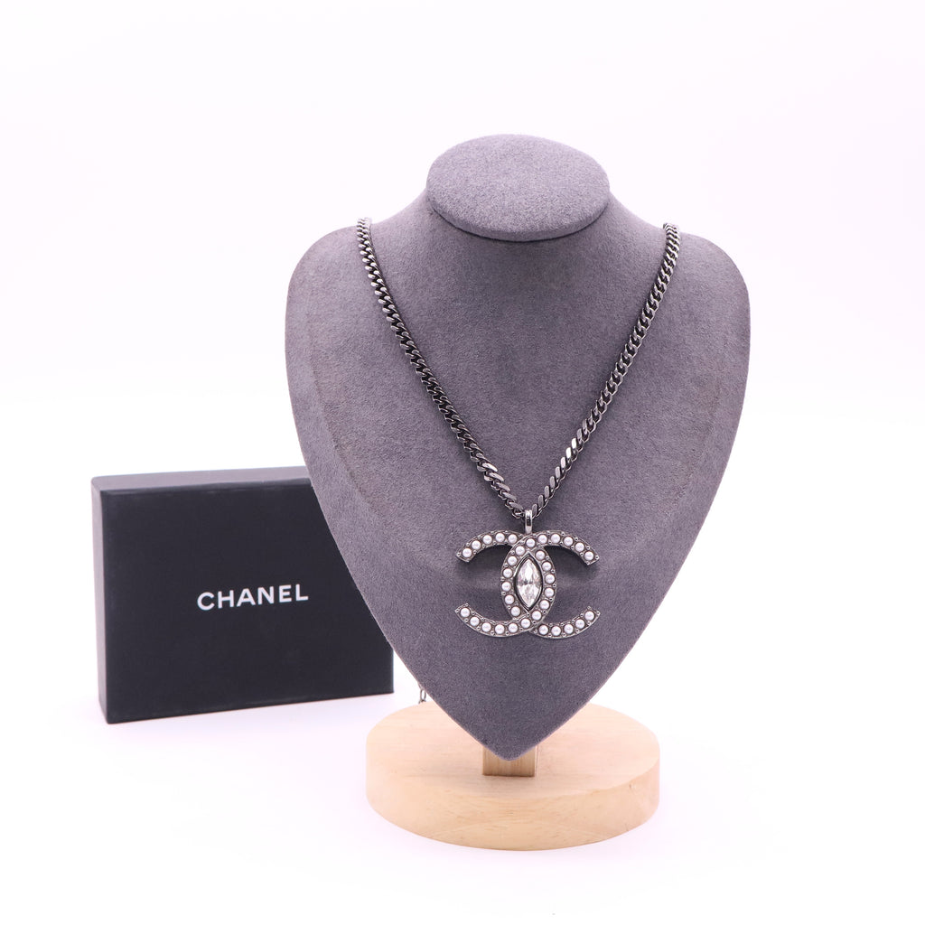 Chanel Coco Mark Metal Rhinestone Gunmetal Necklace twins
