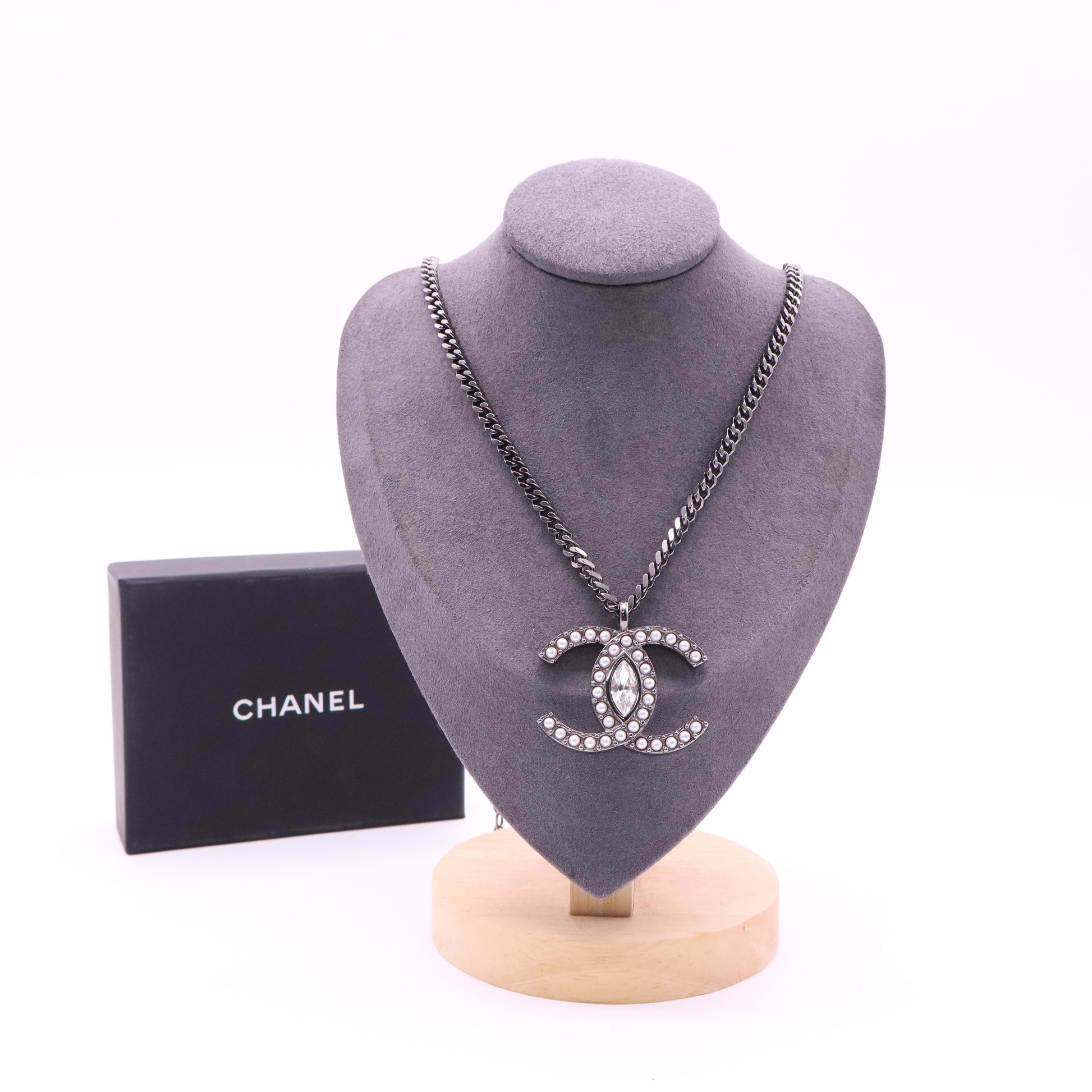 Chanel Coco Mark Metal Rhinestone Gunmetal Necklace twins