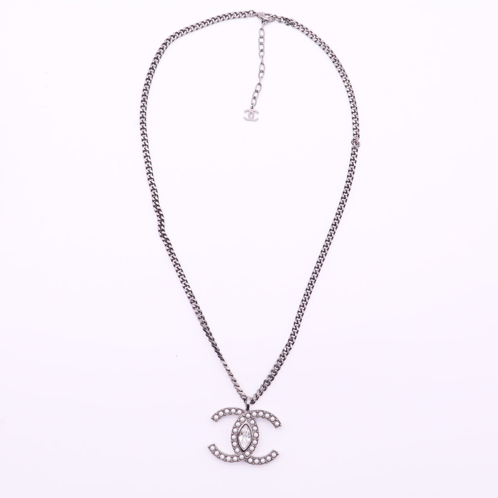 Chanel Coco Mark Metal Rhinestone Gunmetal Necklace twins