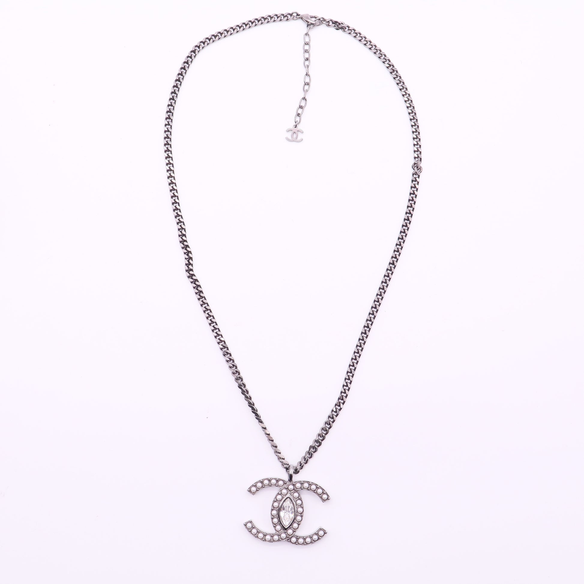Chanel Coco Mark Metal Rhinestone Gunmetal Necklace twins