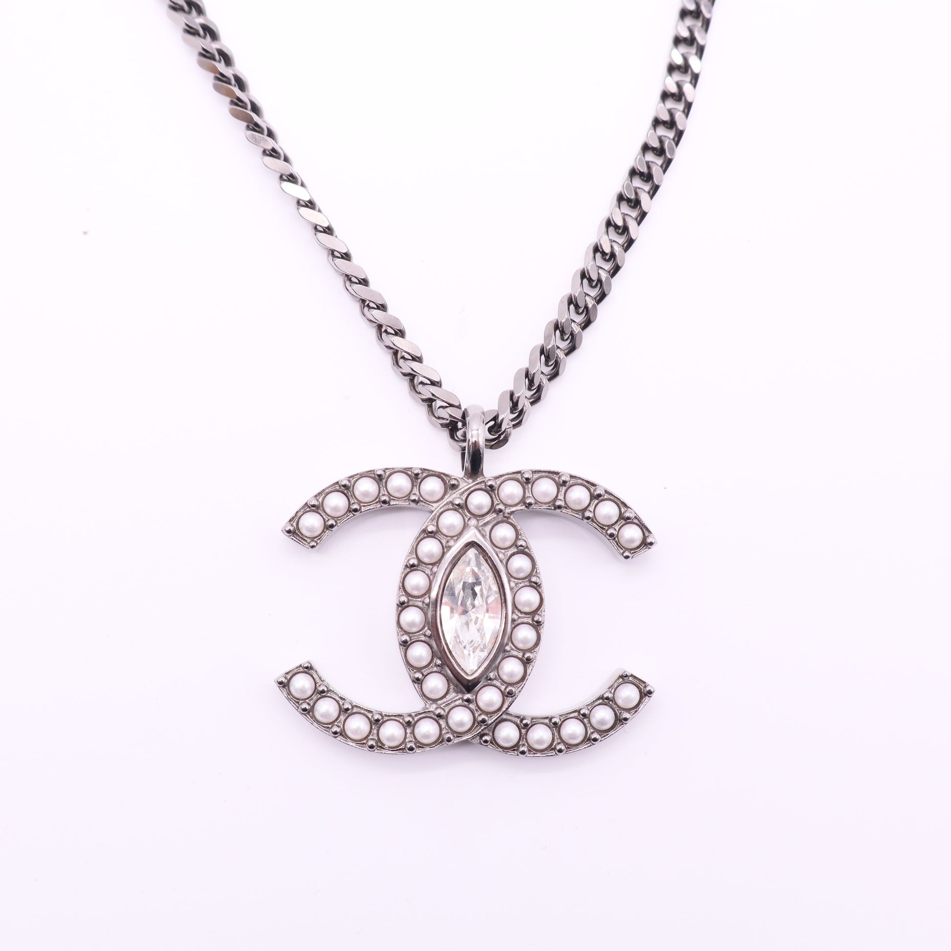 Chanel Coco Mark Metal Rhinestone Gunmetal Necklace twins