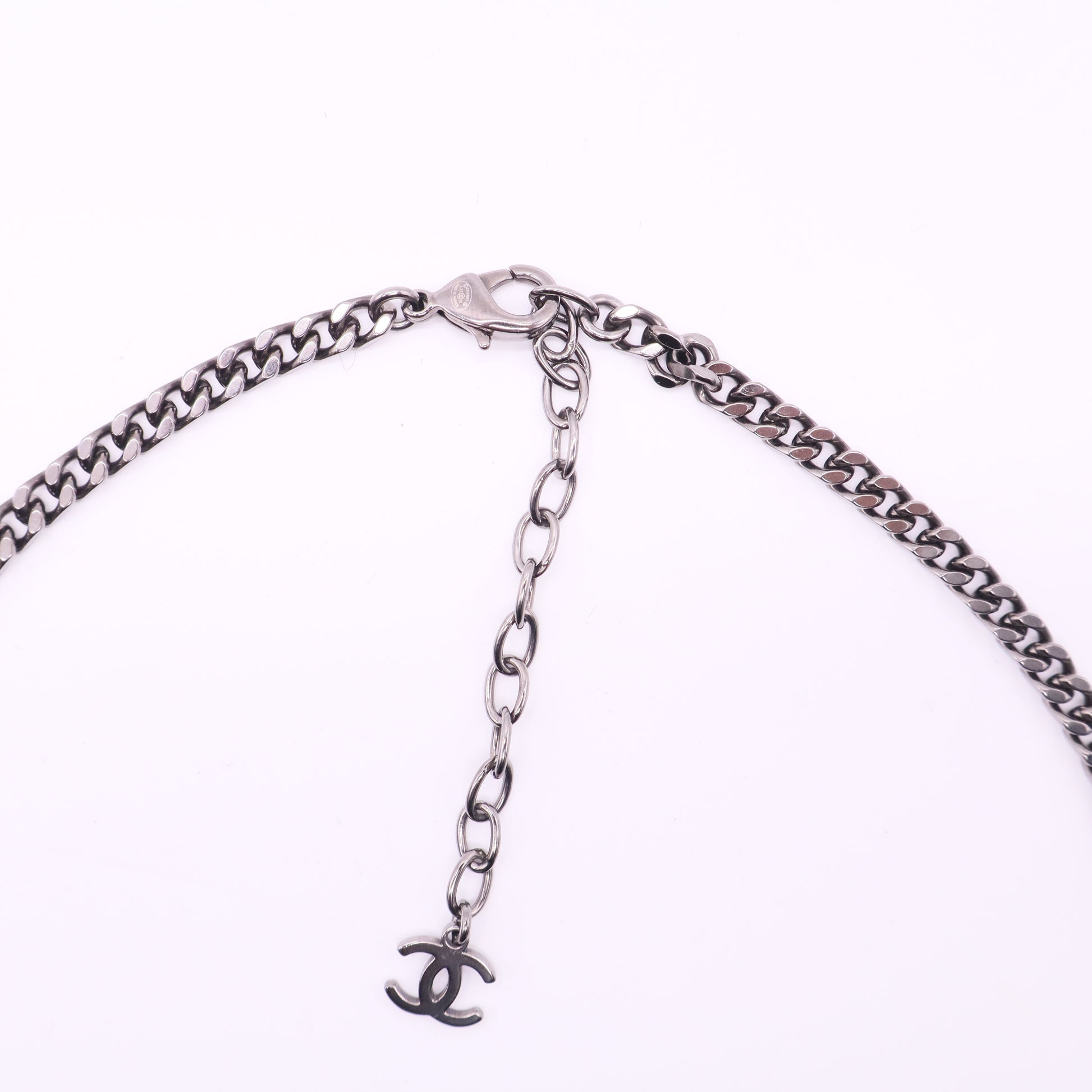Chanel Coco Mark Metal Rhinestone Gunmetal Necklace twins