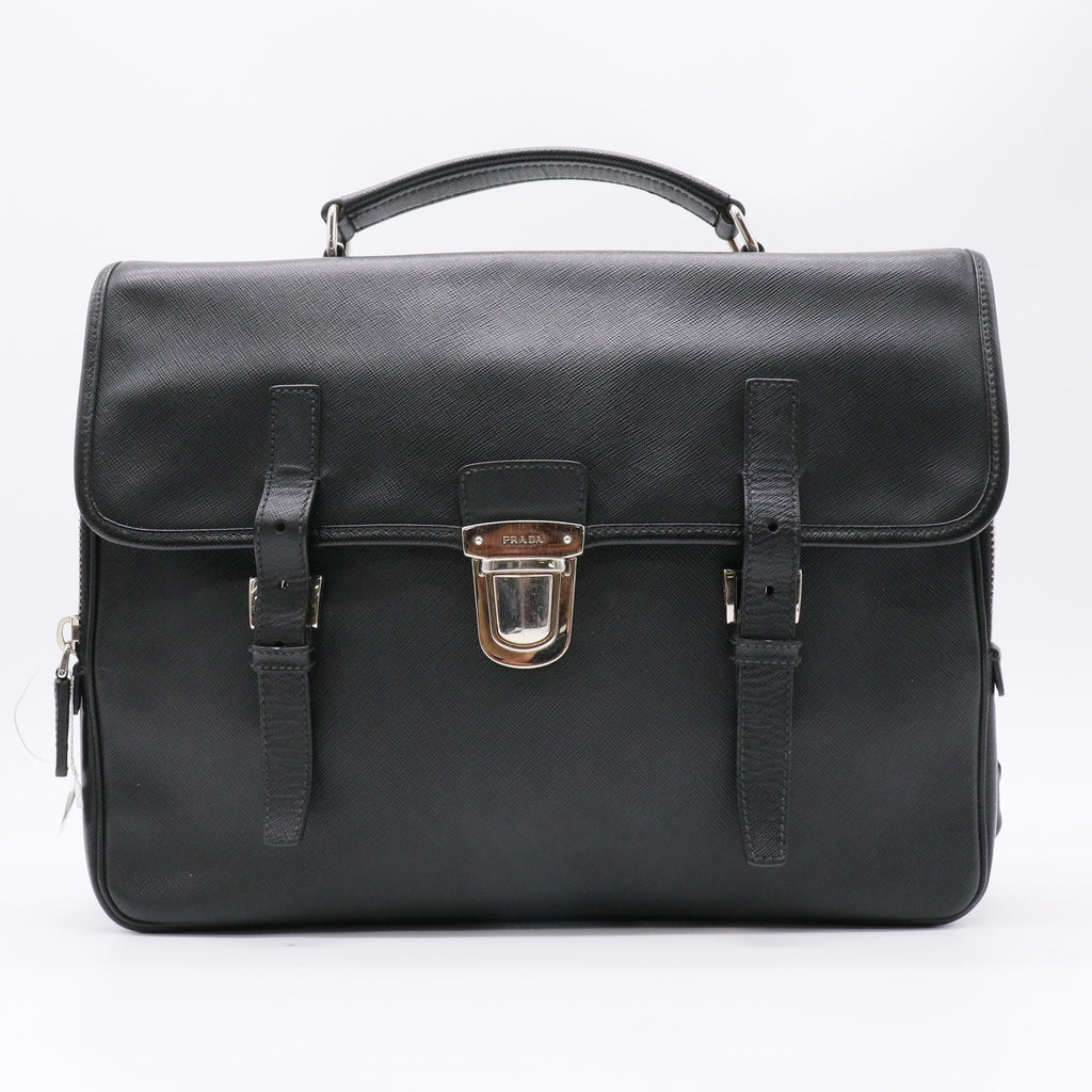 Prada Black Saffiano Leather Men's Business Briefcase Handbag Twins LDZ437